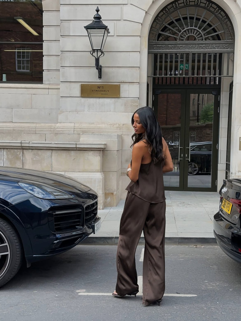 LENI SATIN ELASTIC WAIST TROUSERS | CHOCOLATE