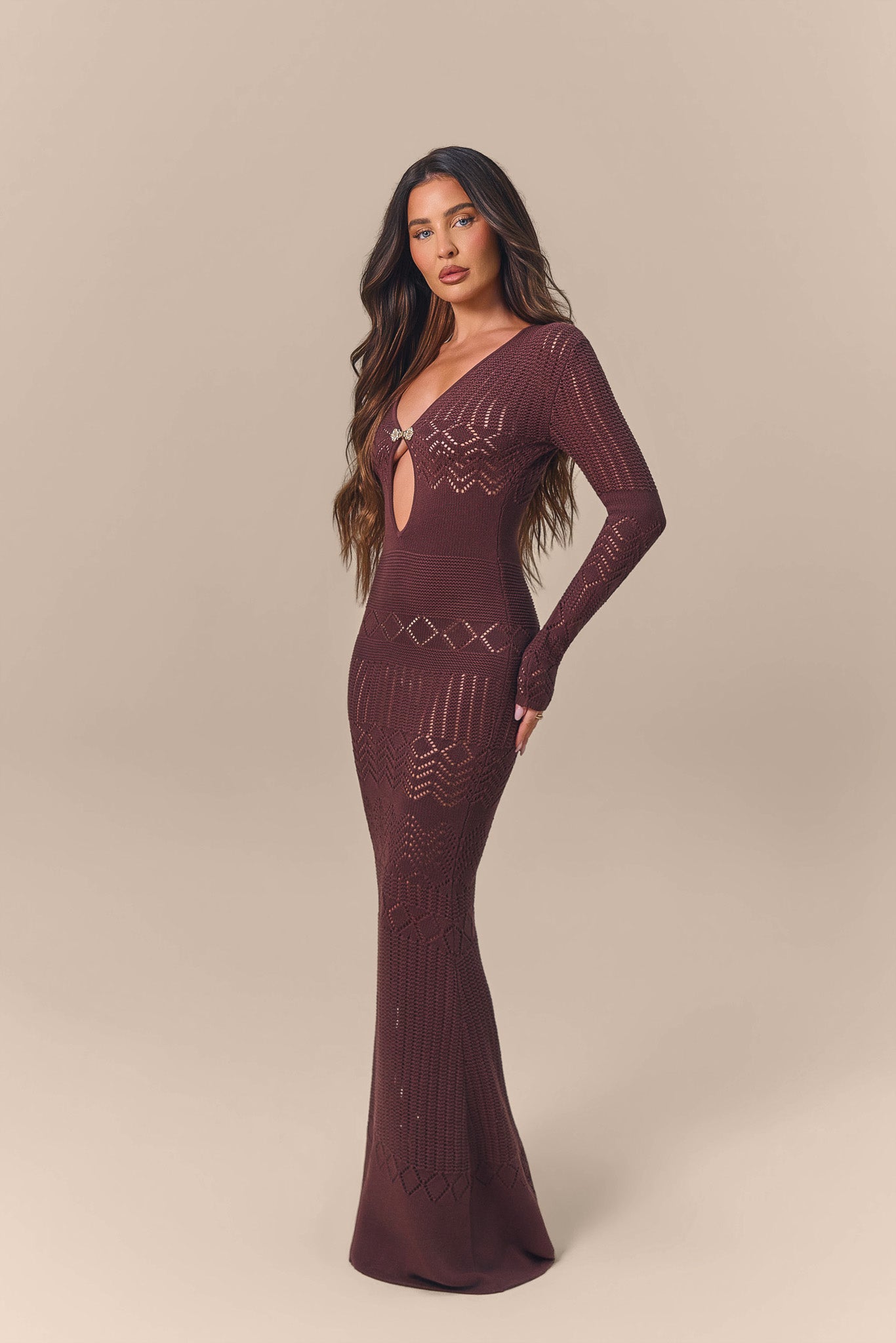 ZARA CROCHET KNIT KEYHOLE MAXI DRESS | CHOCOLATE