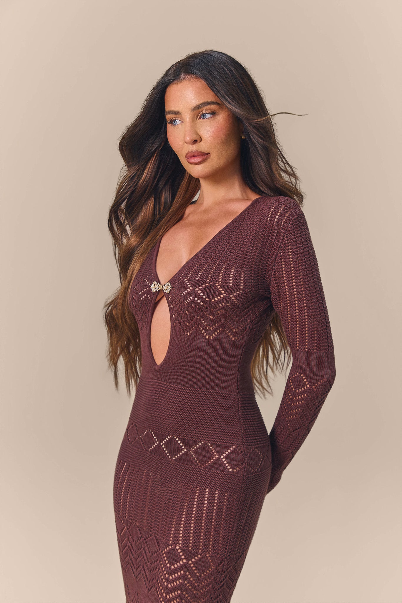 ZARA CROCHET KNIT KEYHOLE MAXI DRESS | CHOCOLATE