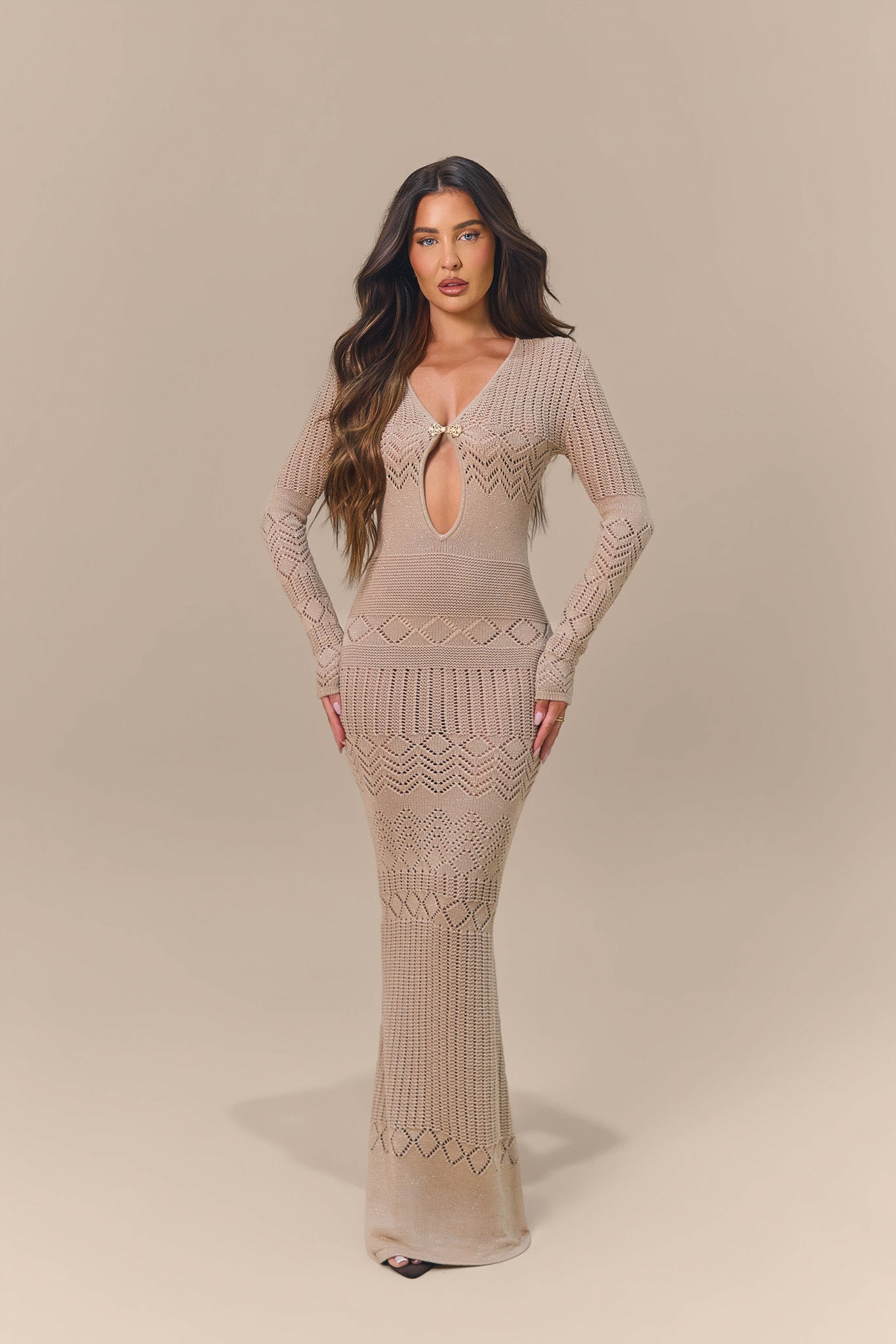 ZARA CROCHET KNIT KEYHOLE MAXI DRESS | GOLD
