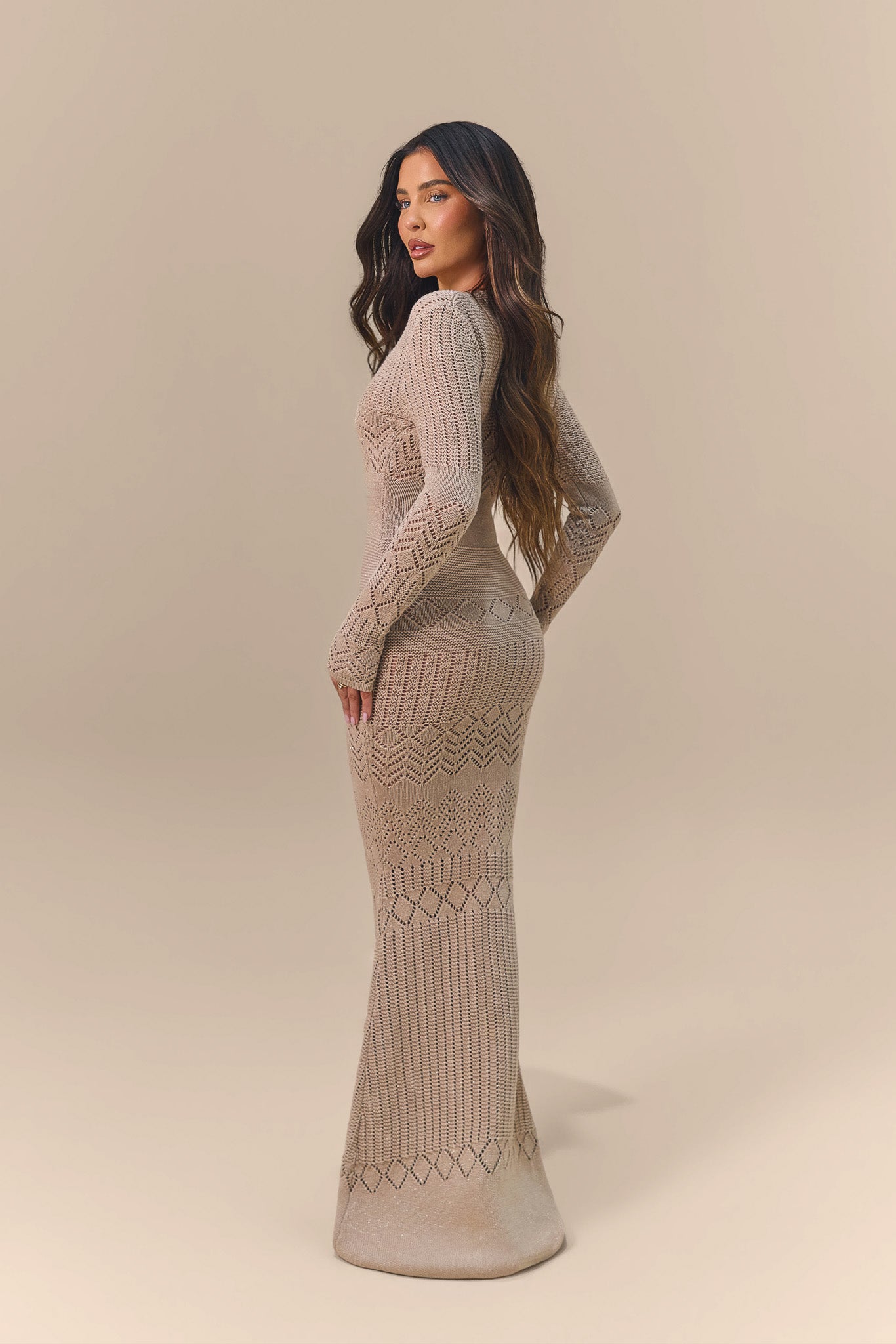 ZARA CROCHET KNIT KEYHOLE MAXI DRESS | GOLD