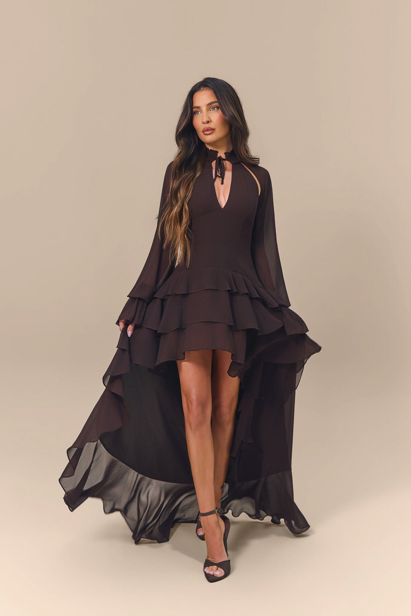 FLEUR LONG SLEEVE TIERED RUFFLE MINI DRESS | CHOCOLATE