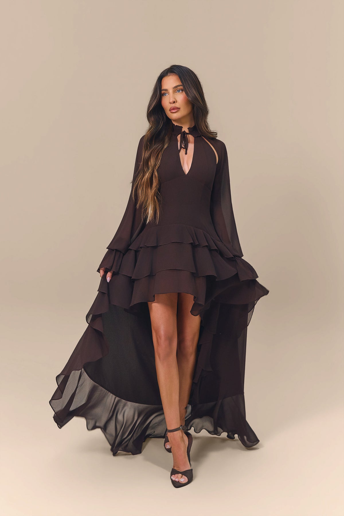 FLEUR LONG SLEEVE TIERED RUFFLE MINI DRESS | CHOCOLATE