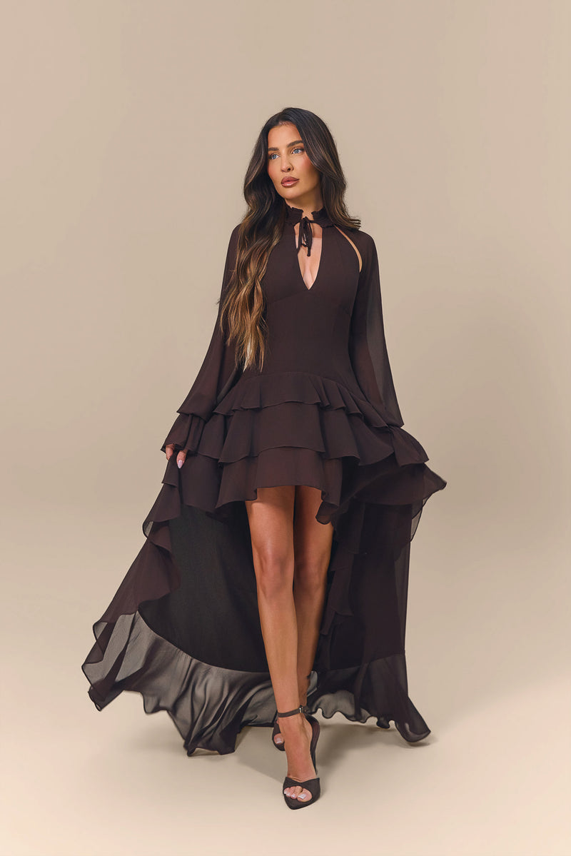 FLEUR LONG SLEEVE TIERED RUFFLE MINI DRESS | CHOCOLATE
