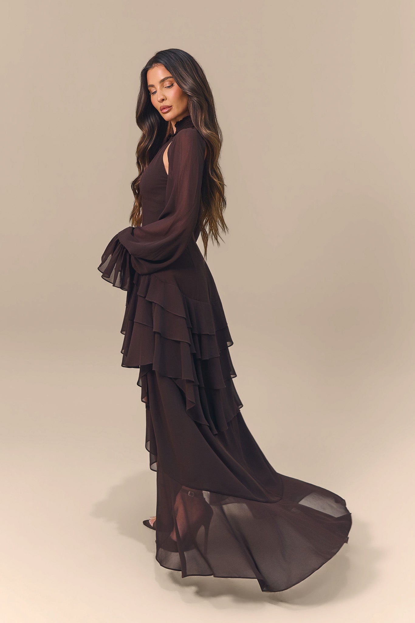 FLEUR LONG SLEEVE TIERED RUFFLE MINI DRESS | CHOCOLATE