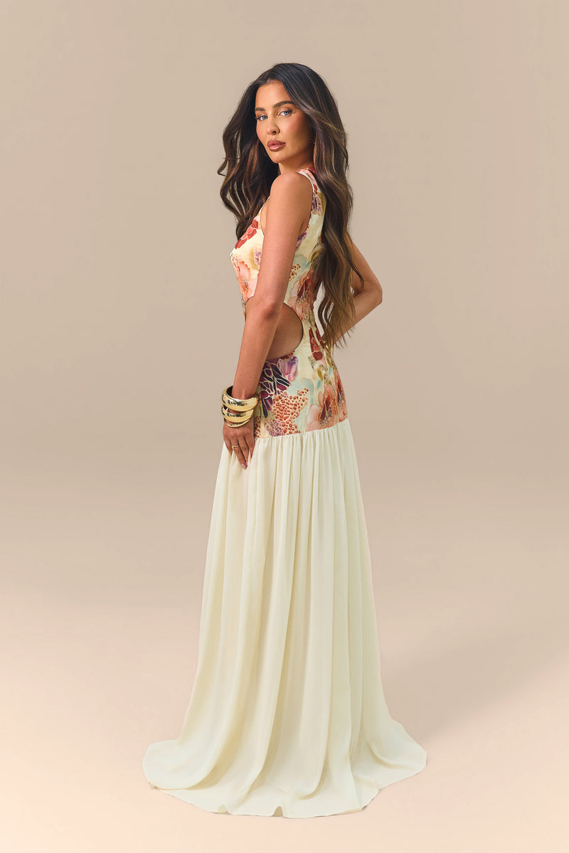 SOLIS LACE UP GATHERED MAXI DRESS | PETAL VEIL