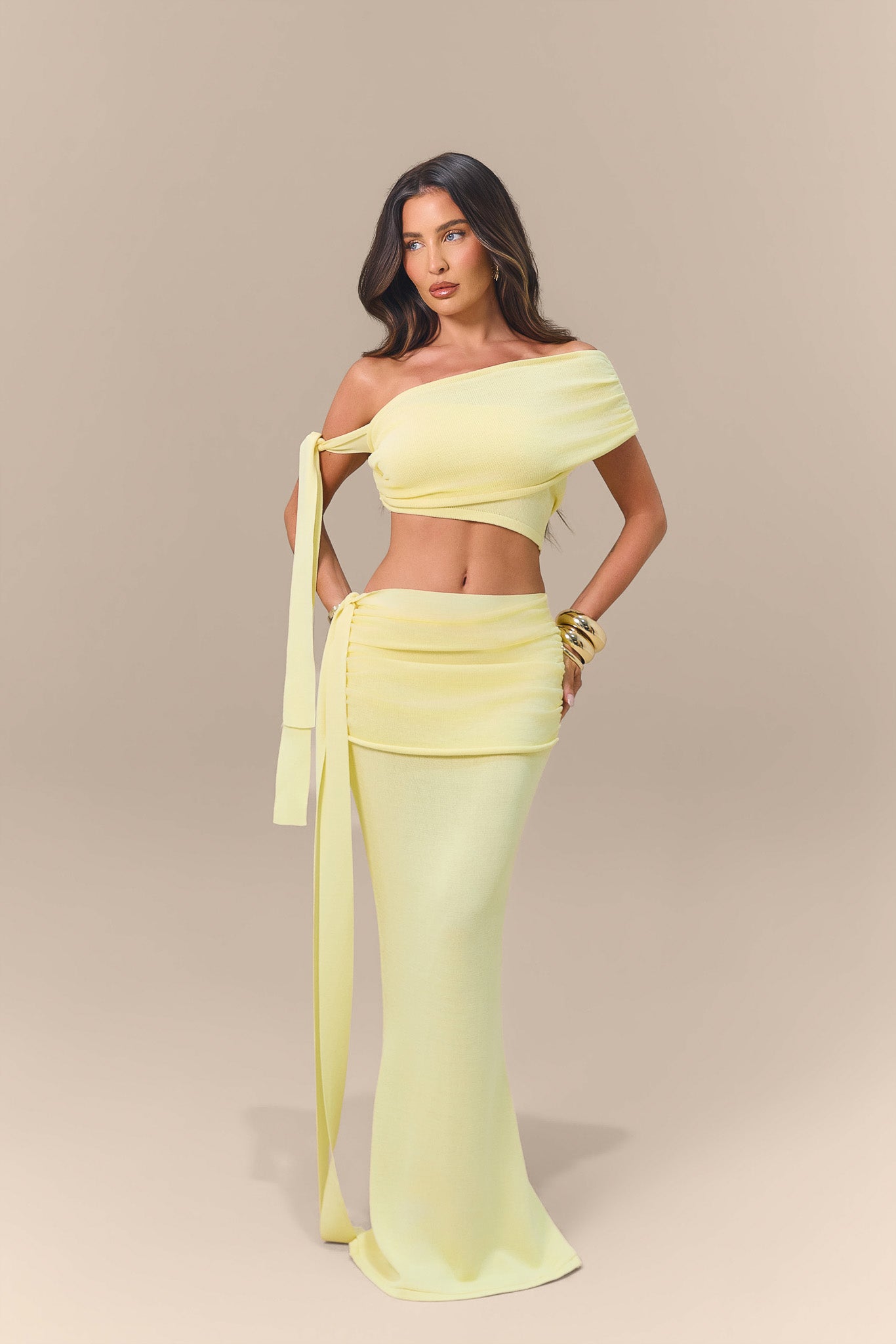 LOIS KNITTED MAXI SKIRT WITH DRAPE DETAIL | LEMON
