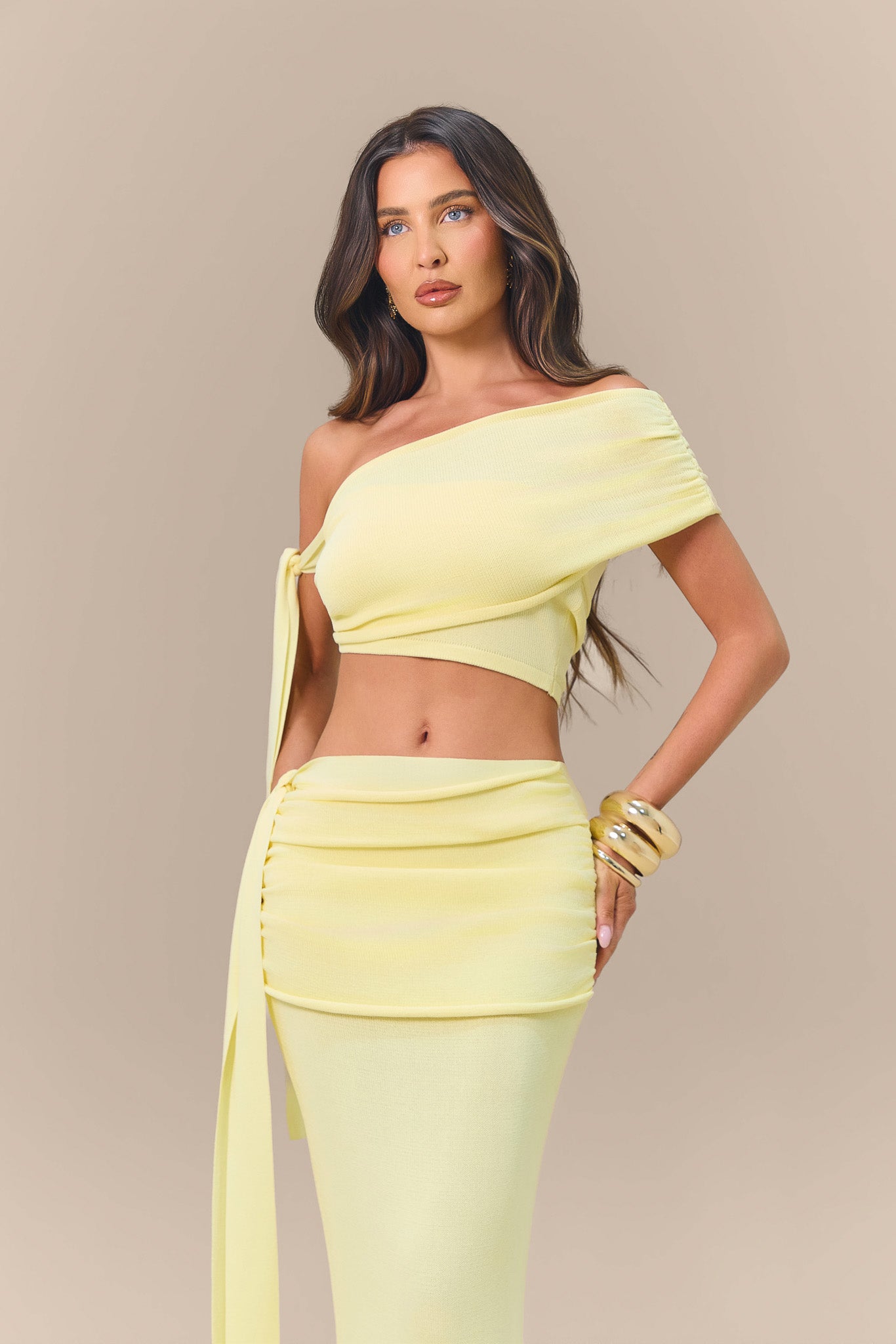 LOIS KNITTED MAXI SKIRT WITH DRAPE DETAIL | LEMON