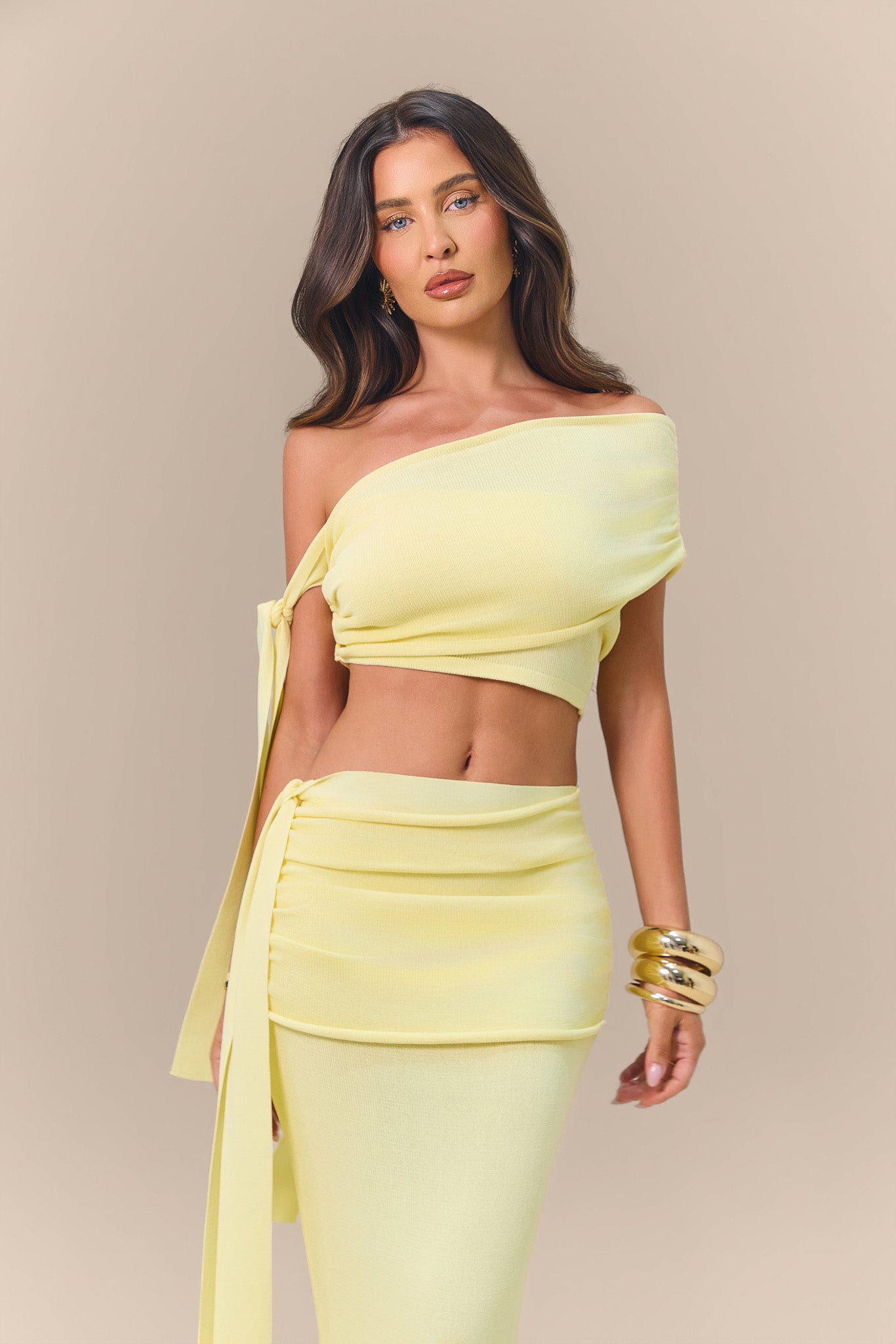 LOIS KNITTED OFF THE SHOULDER TIE DETAIL TOP | LEMON