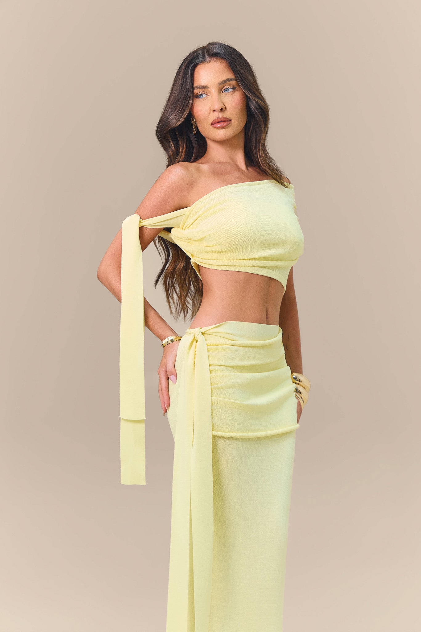 LOIS KNITTED MAXI SKIRT WITH DRAPE DETAIL | LEMON
