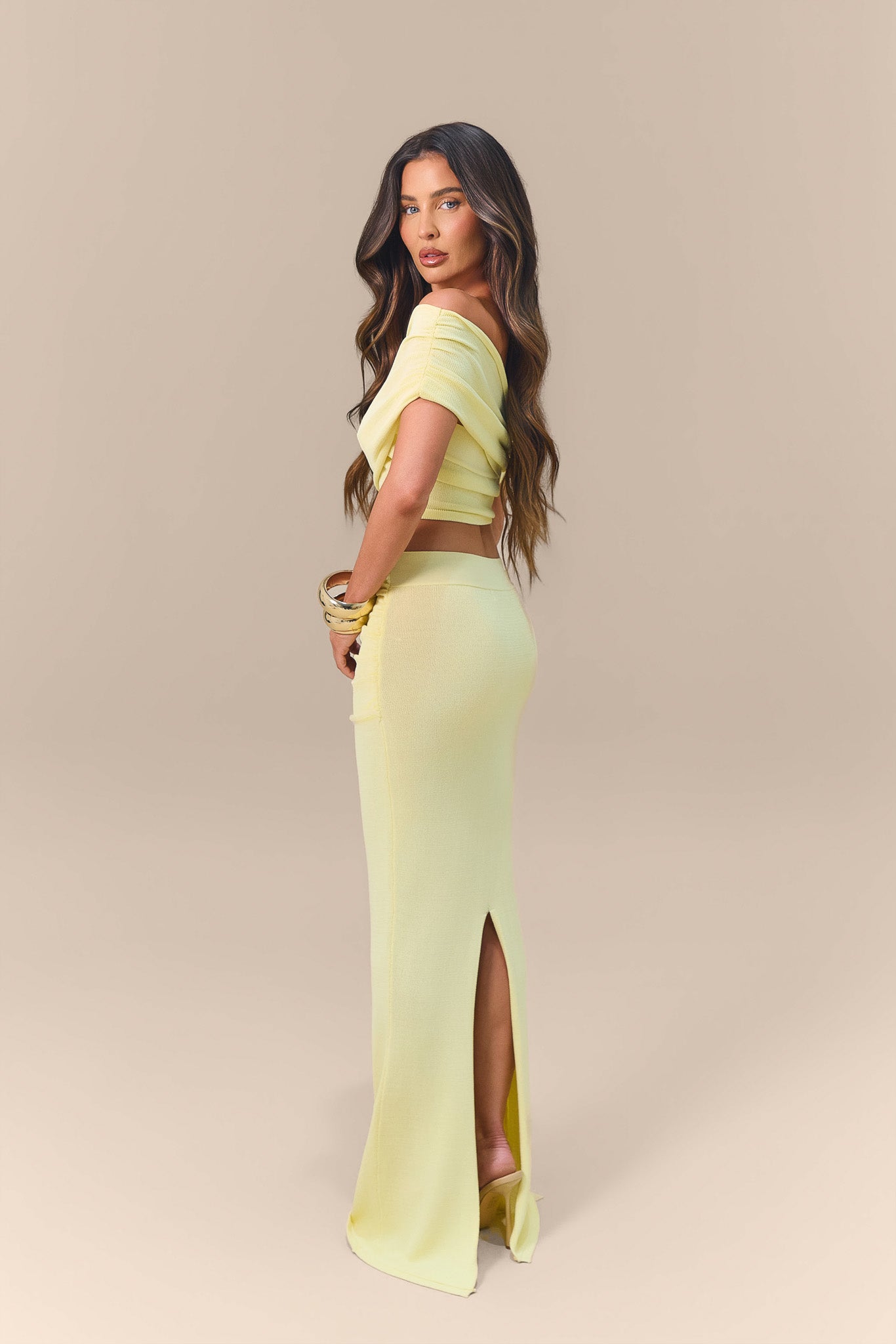 LOIS KNITTED MAXI SKIRT WITH DRAPE DETAIL | LEMON