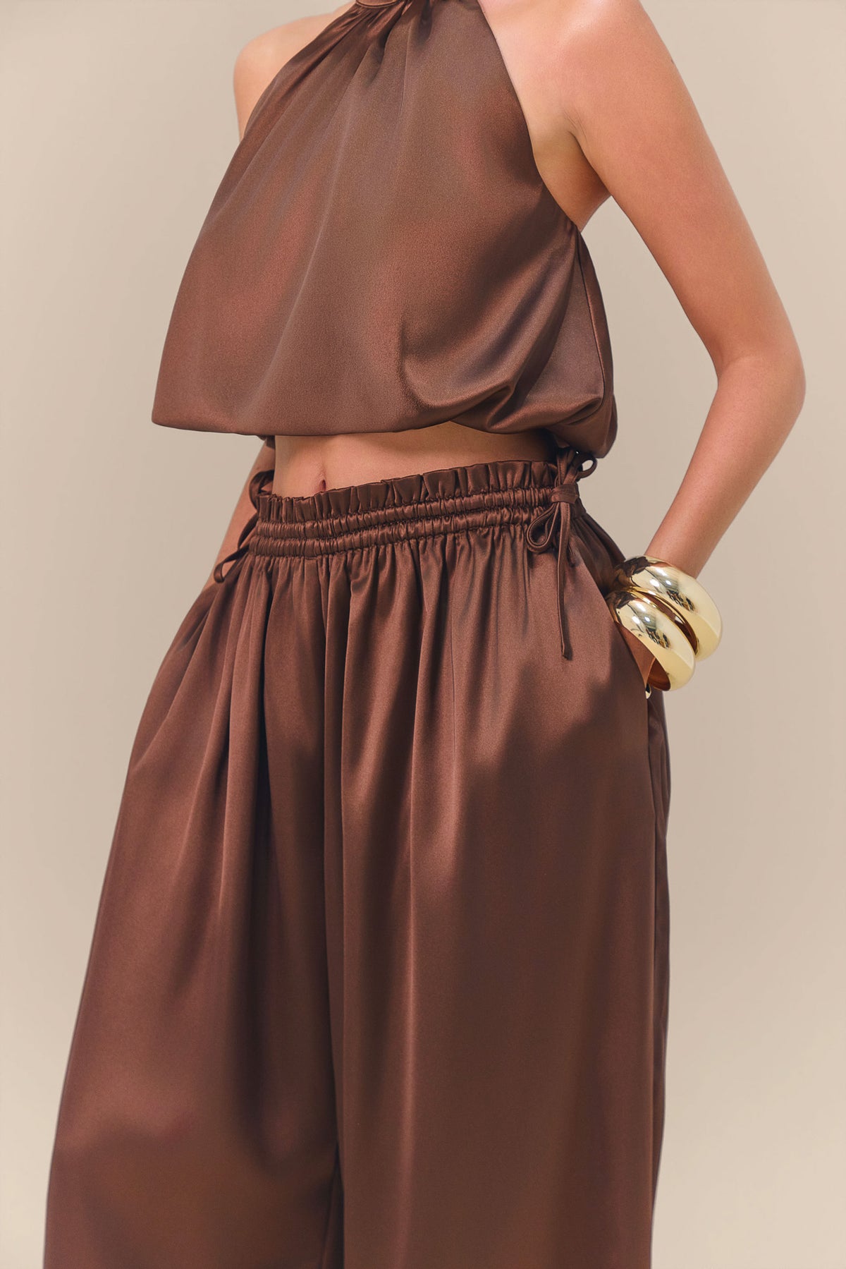 SUMMA SATIN BALLOON DRAPE TROUSERS | CHOCOLATE
