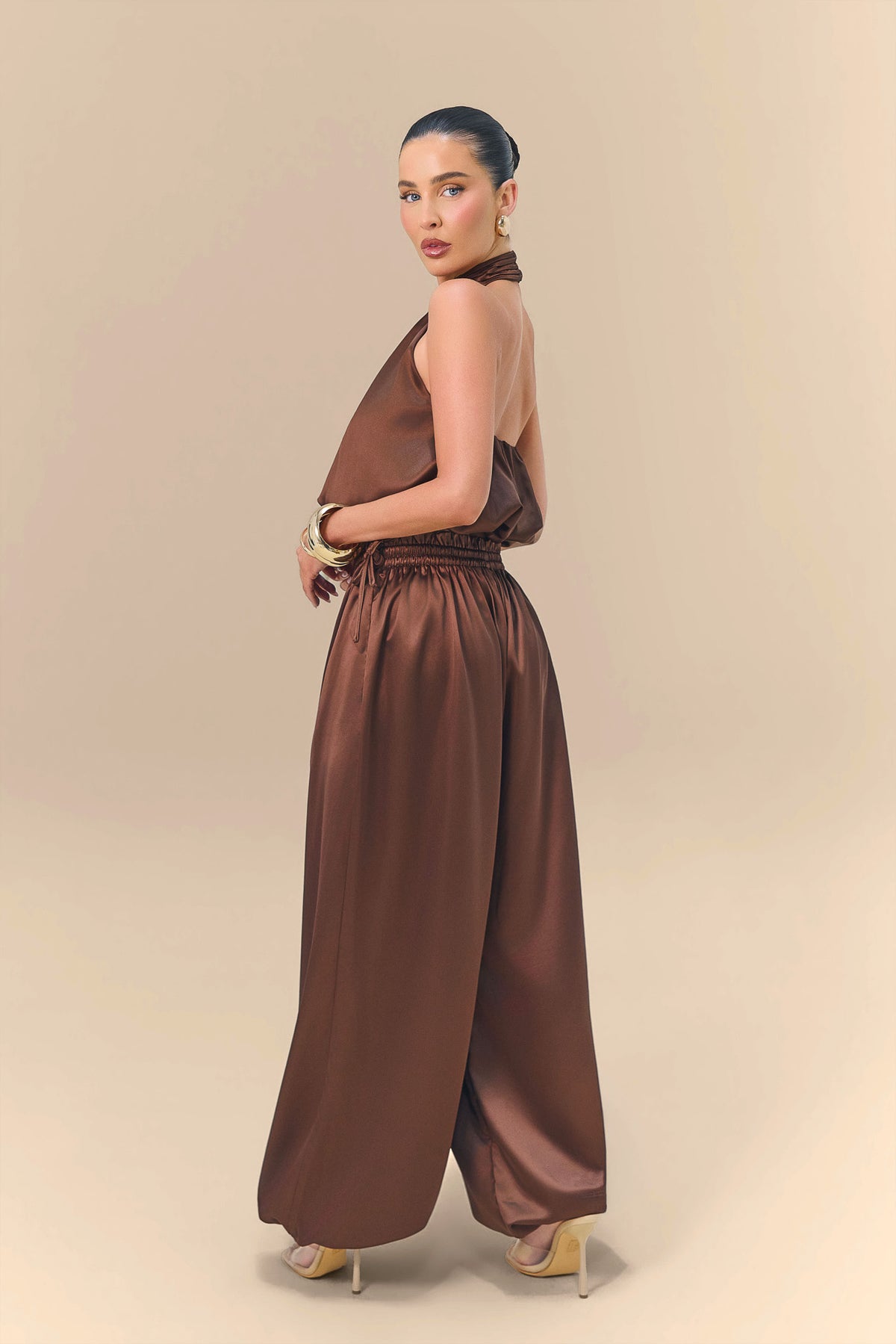 SUMMA SATIN BALLOON DRAPE TROUSERS | CHOCOLATE