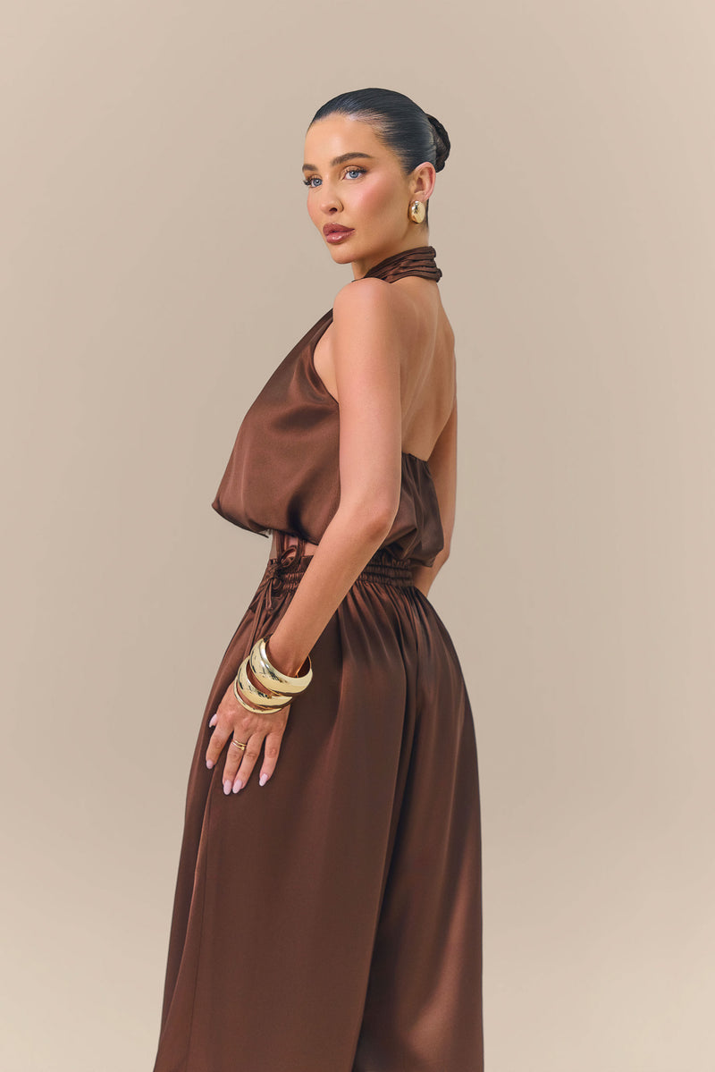 SUMMA SATIN DRAPE TOP | CHOCOLATE