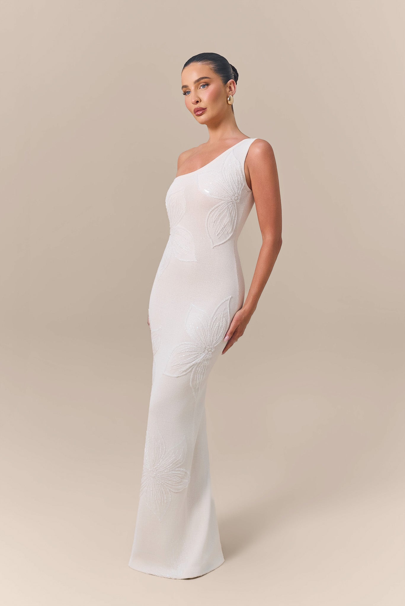 FLOSSIE KNITTED MAXI DRESS WITH BEADED FLORAL DETAIL | VANILLA