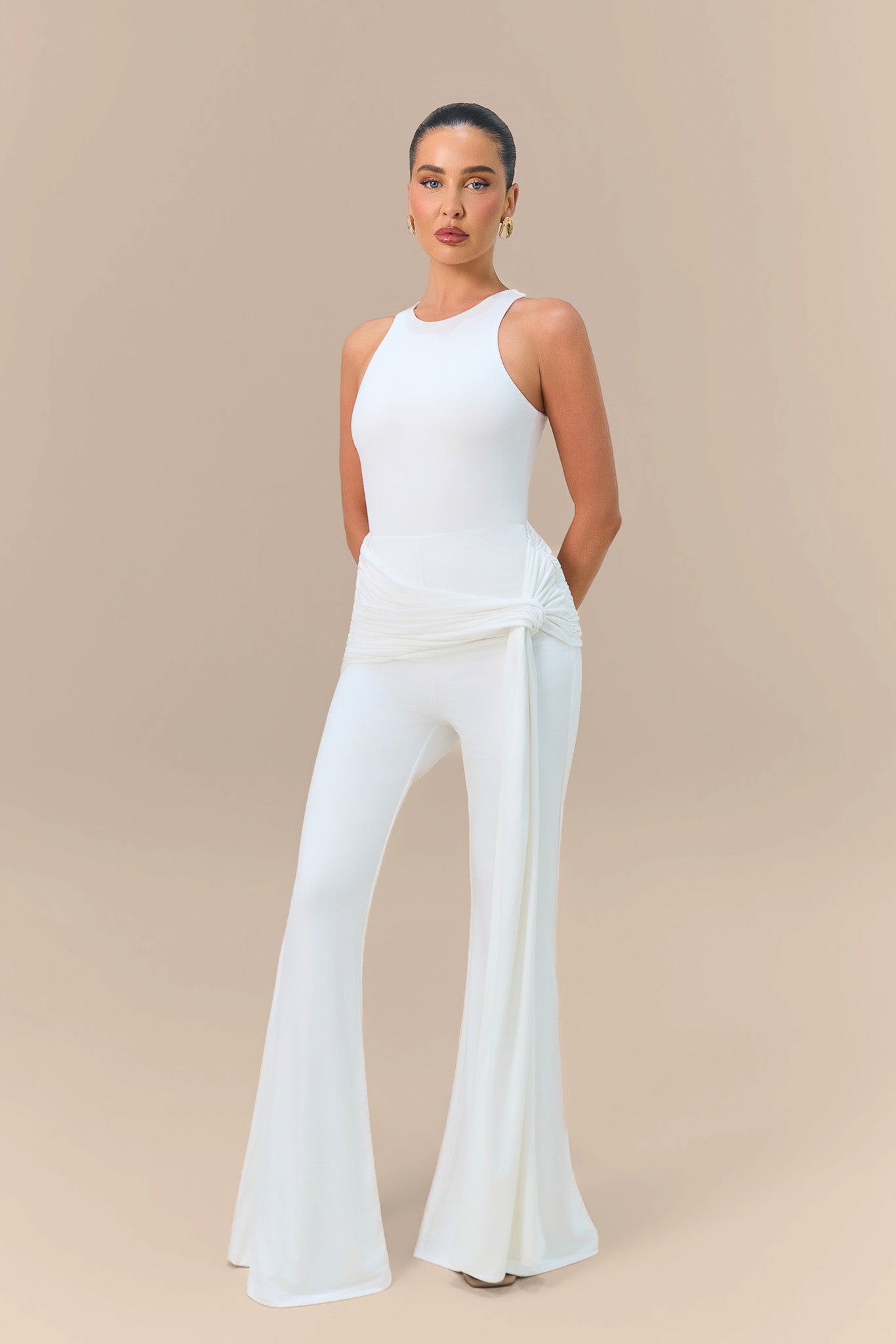 BELLA HIGH WAISTED FLARED TROUSERS WITH WRAP SASH | WHITE