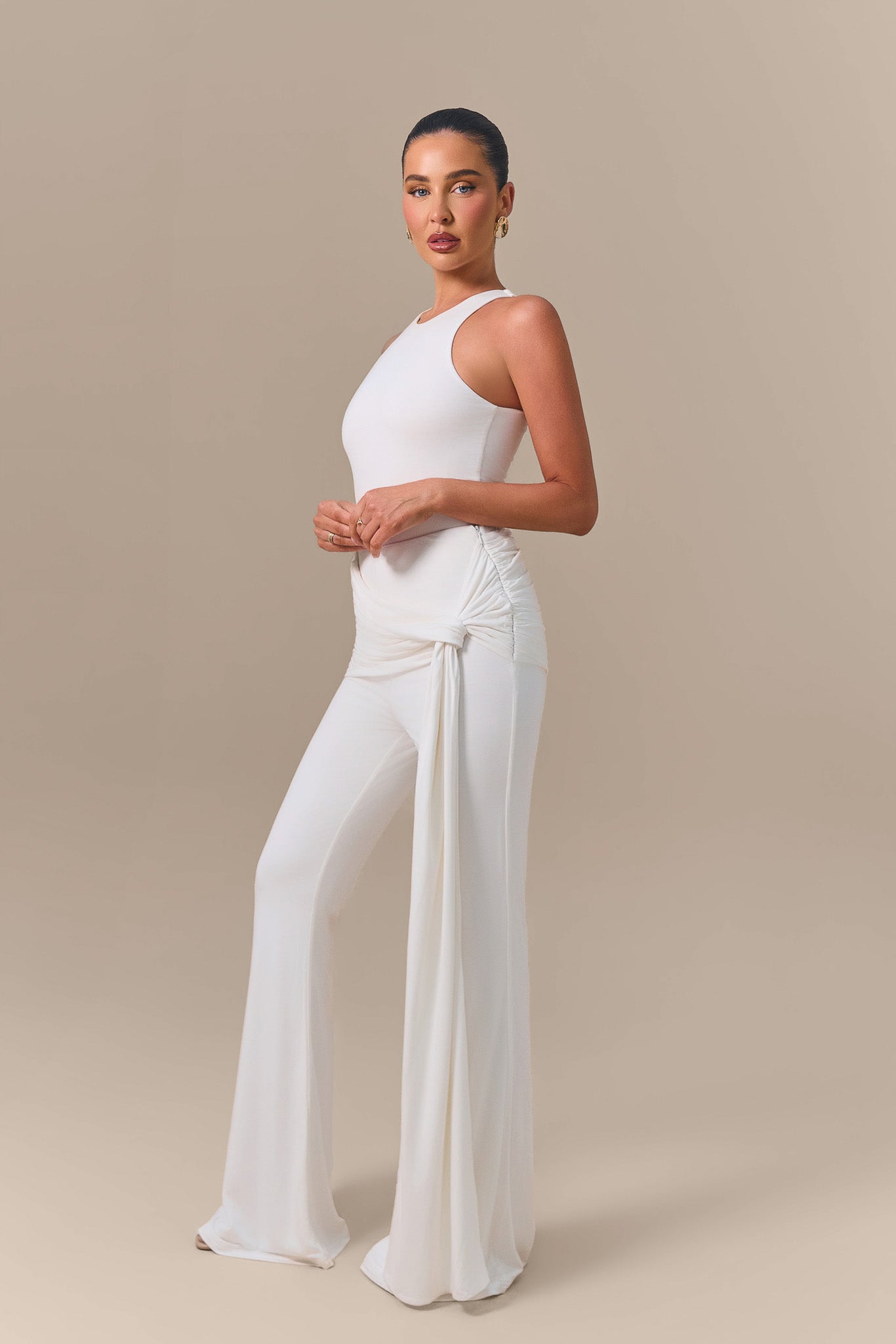 BELLA HIGH WAISTED FLARED TROUSERS WITH WRAP SASH | WHITE