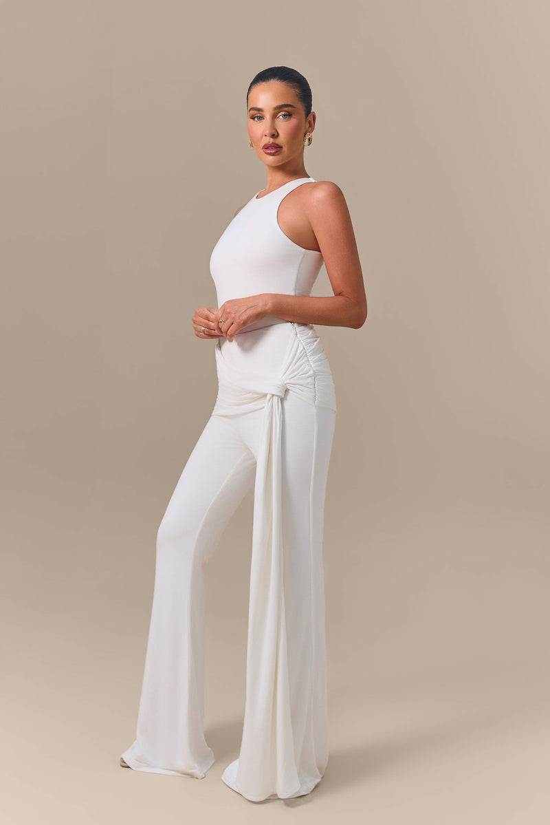 BELLA HIGH WAISTED FLARED TROUSERS WITH WRAP SASH | WHITE