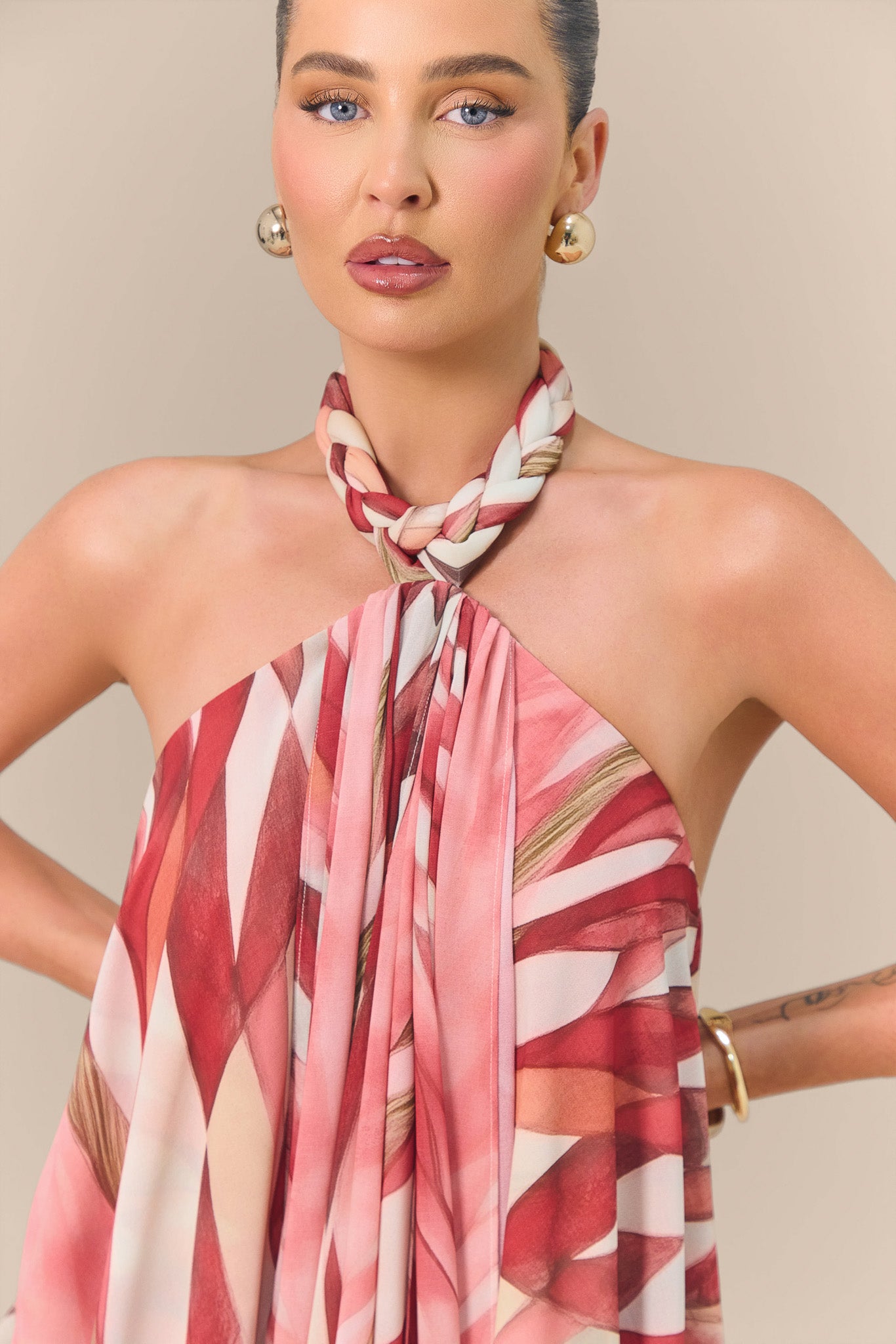 SOLANA BRAIDED HALTERNECK MINI DRESS | FLAMING FEATHER