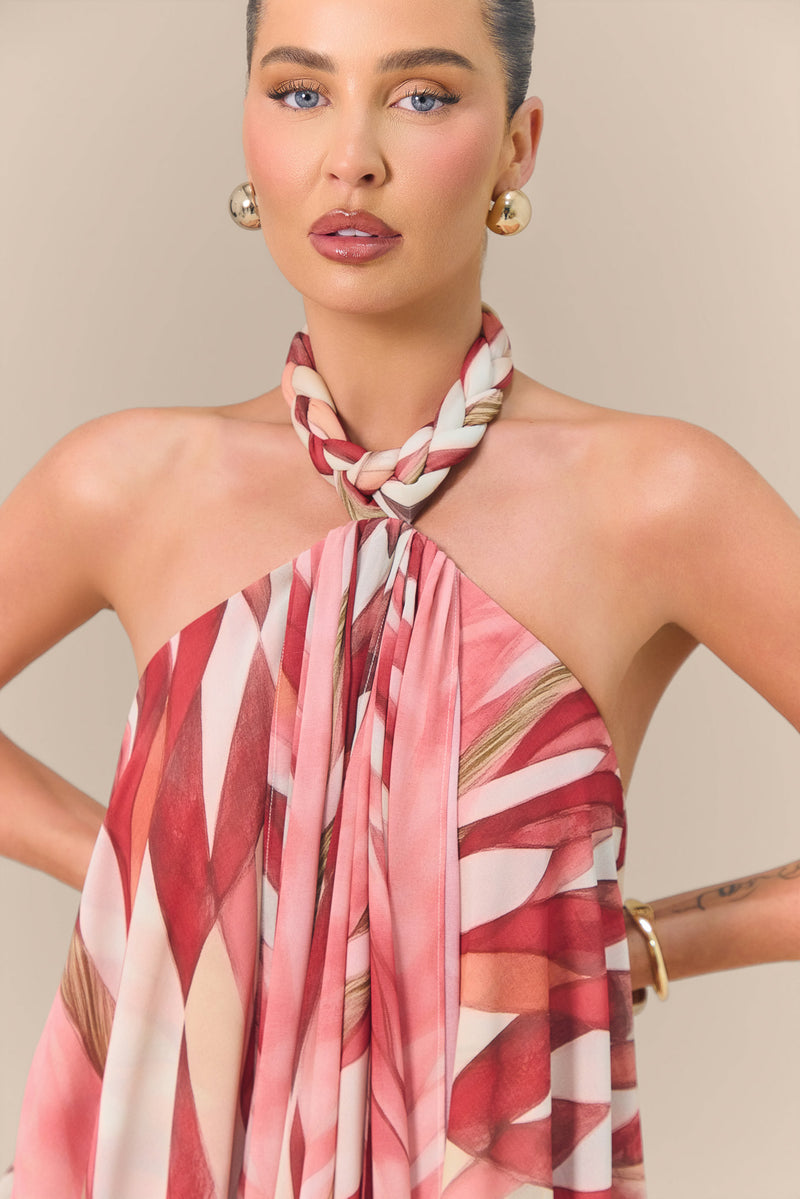 SOLANA BRAIDED HALTERNECK MINI DRESS | FLAMING FEATHER