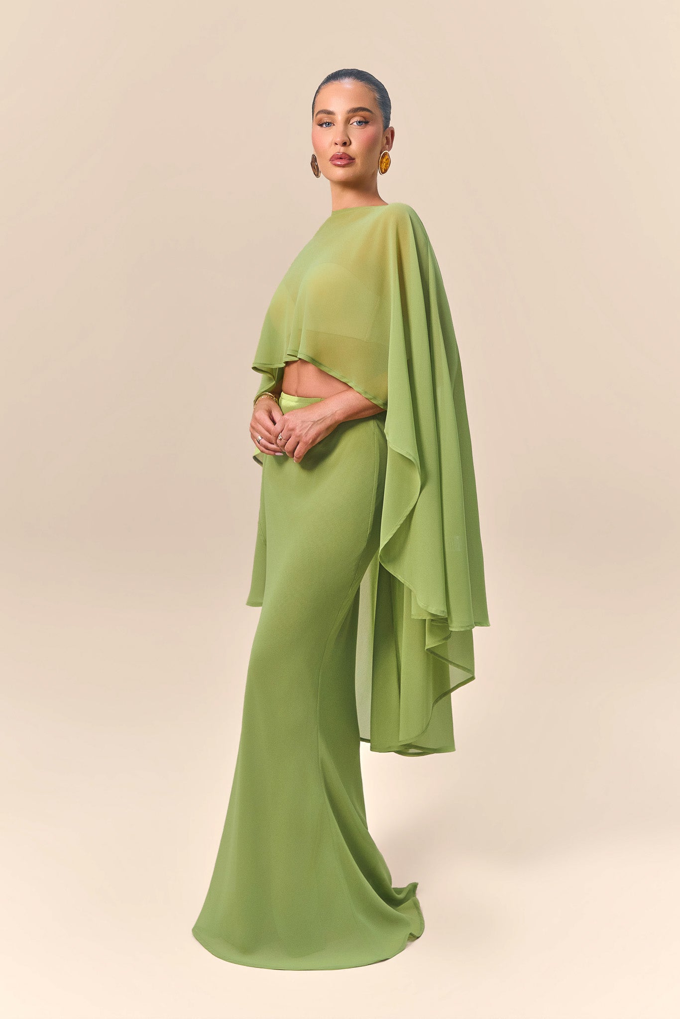 CLEO SHEER DRAPE DETAIL CAPE TOP | GREEN
