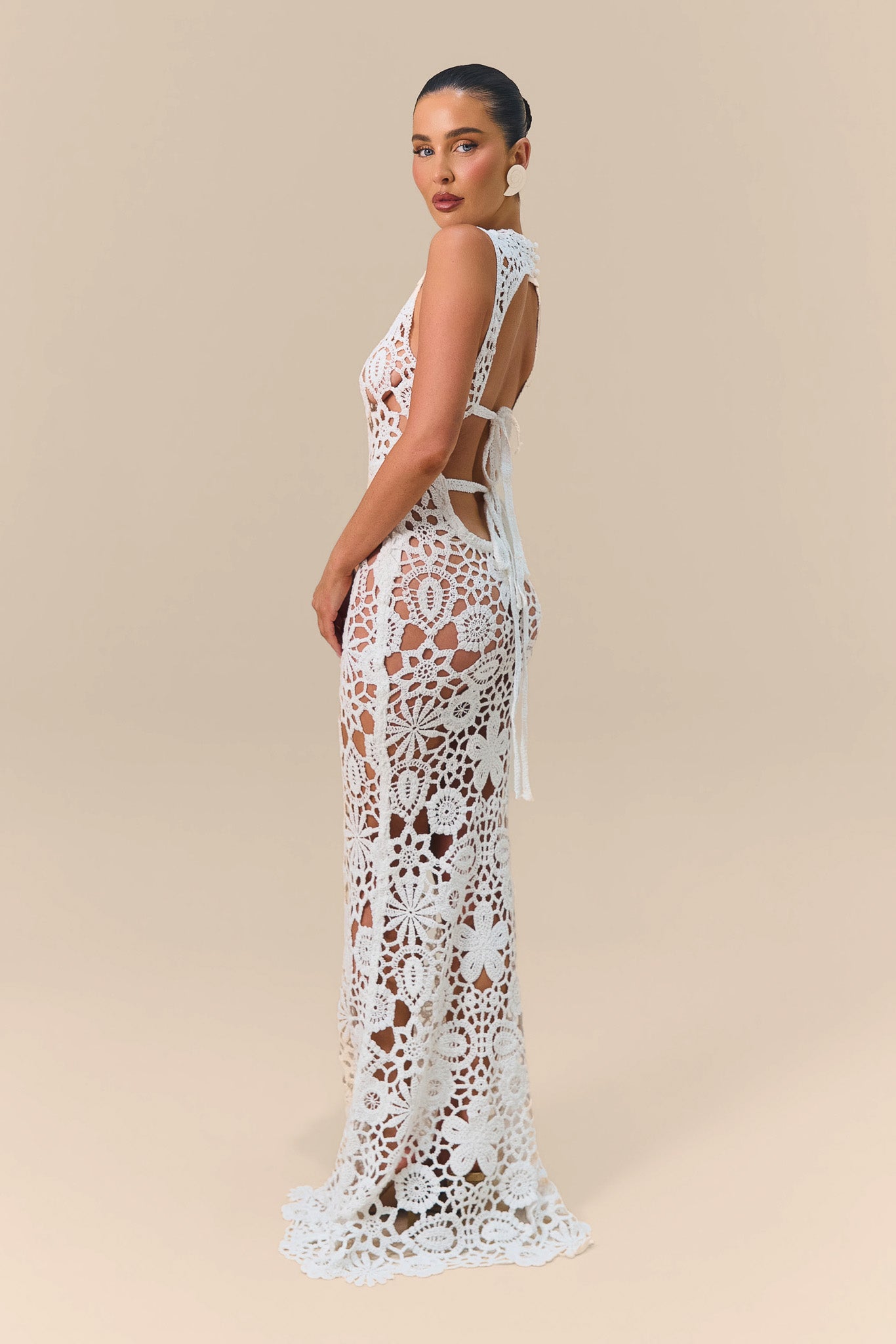 CAPRIA CROCHET HIGH NECK LACE MAXI DRESS | WHITE