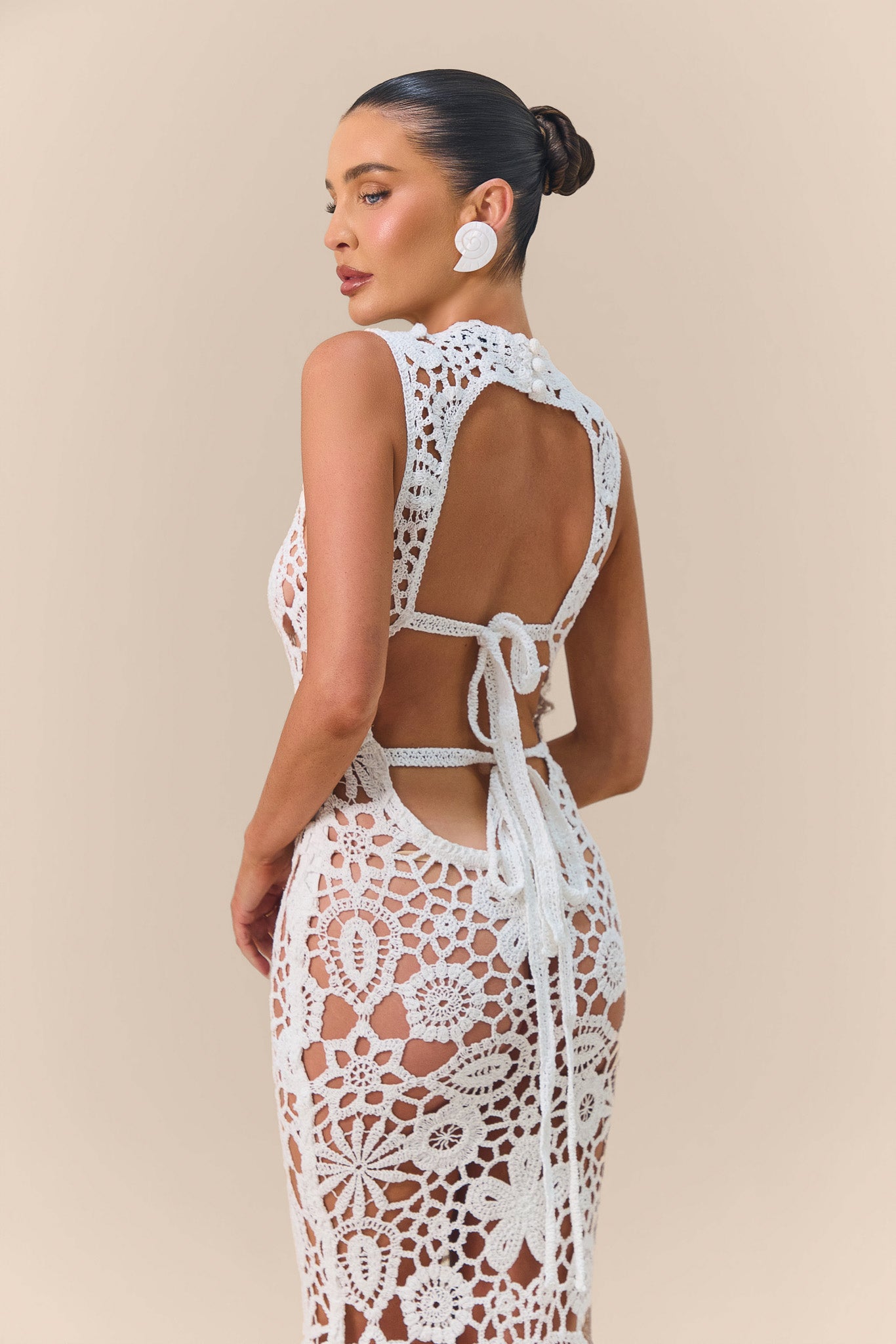 CAPRIA CROCHET HIGH NECK LACE MAXI DRESS | WHITE