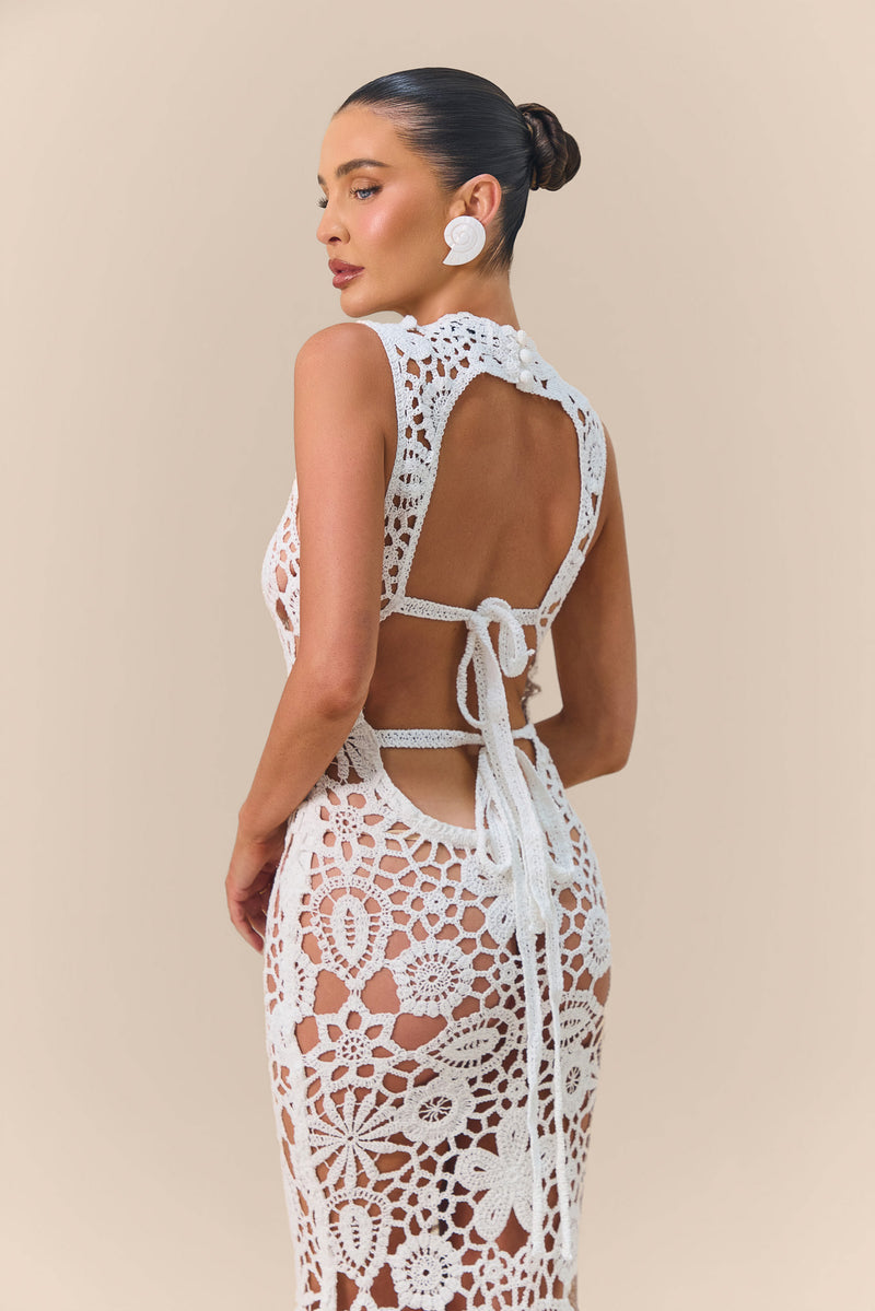 CAPRIA CROCHET HIGH NECK LACE MAXI DRESS | WHITE