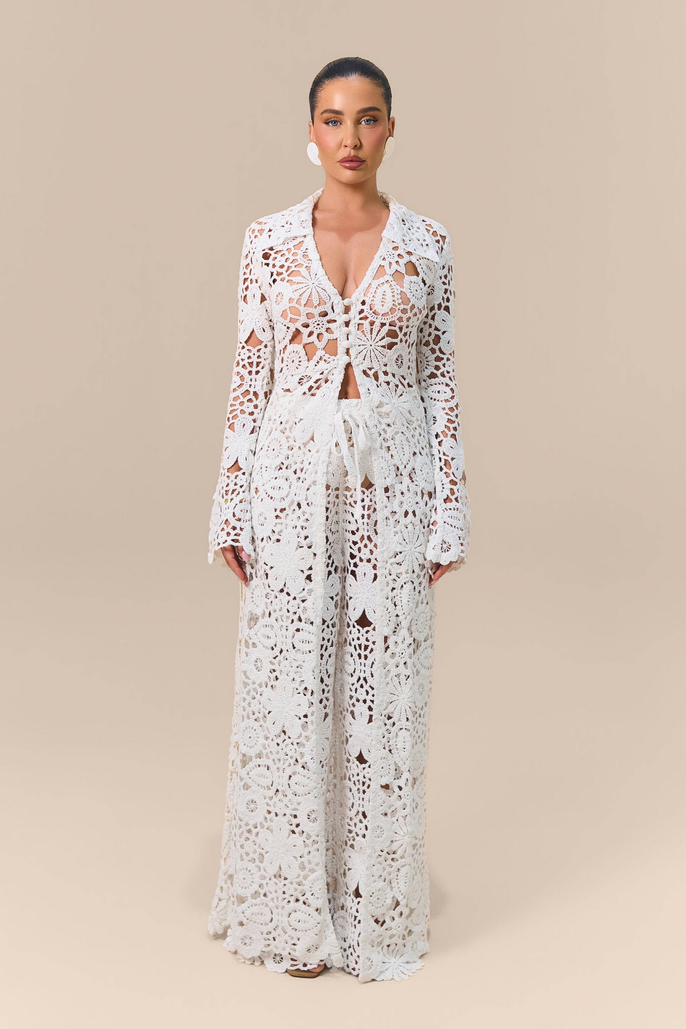KAIYA CROCHET KNIT TROUSERS | WHITE