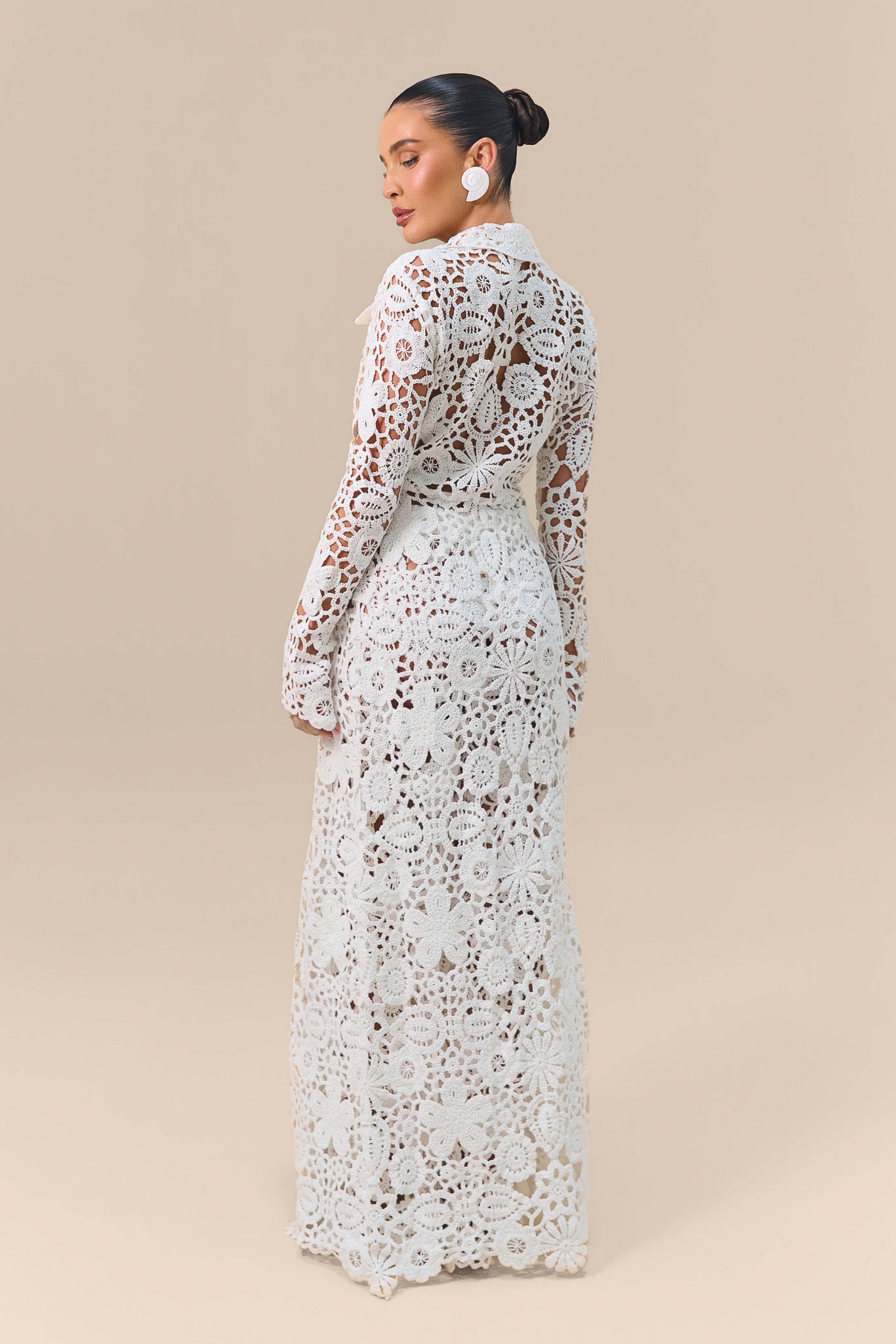 KAIYA CROCHET KNIT LONGLINE CARDIGAN | WHITE
