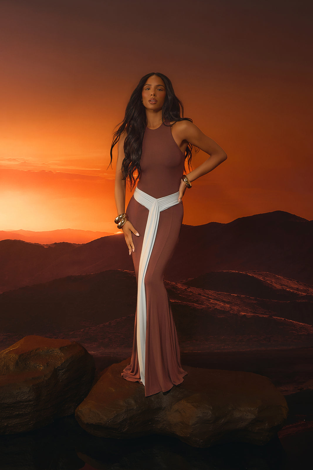 NORA TWO-TONE CONTRAST MAXI SKIRT | CHOCOLATE & BLUE