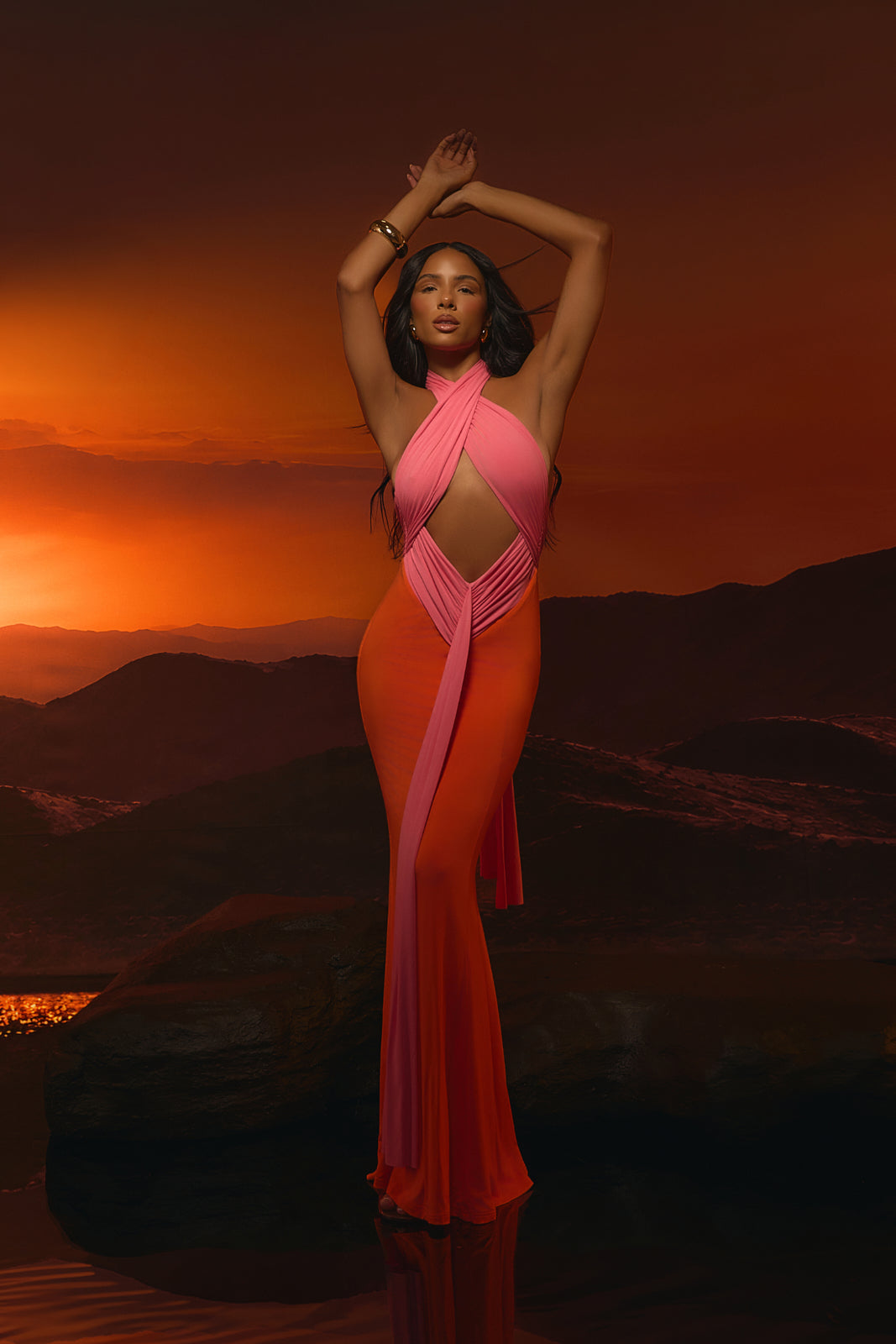 NADIA TWO-TONE CONTRAST GATHERED MAXI DRESS | PINK & ORANGE