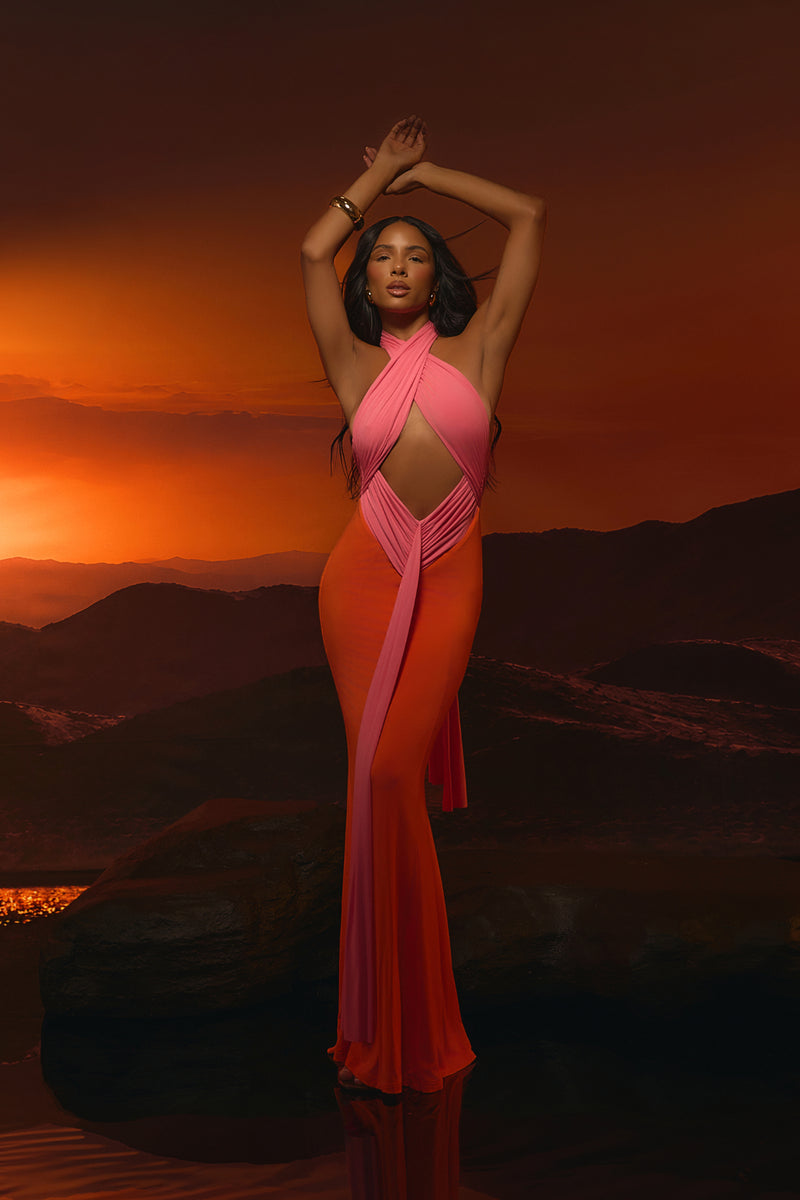 NADIA TWO-TONE CONTRAST GATHERED MAXI DRESS | PINK & ORANGE