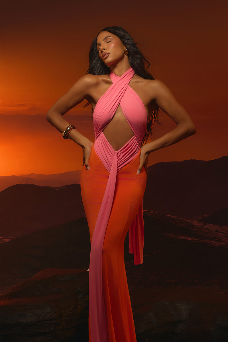 NADIA TWO-TONE CONTRAST GATHERED MAXI DRESS | PINK & ORANGE