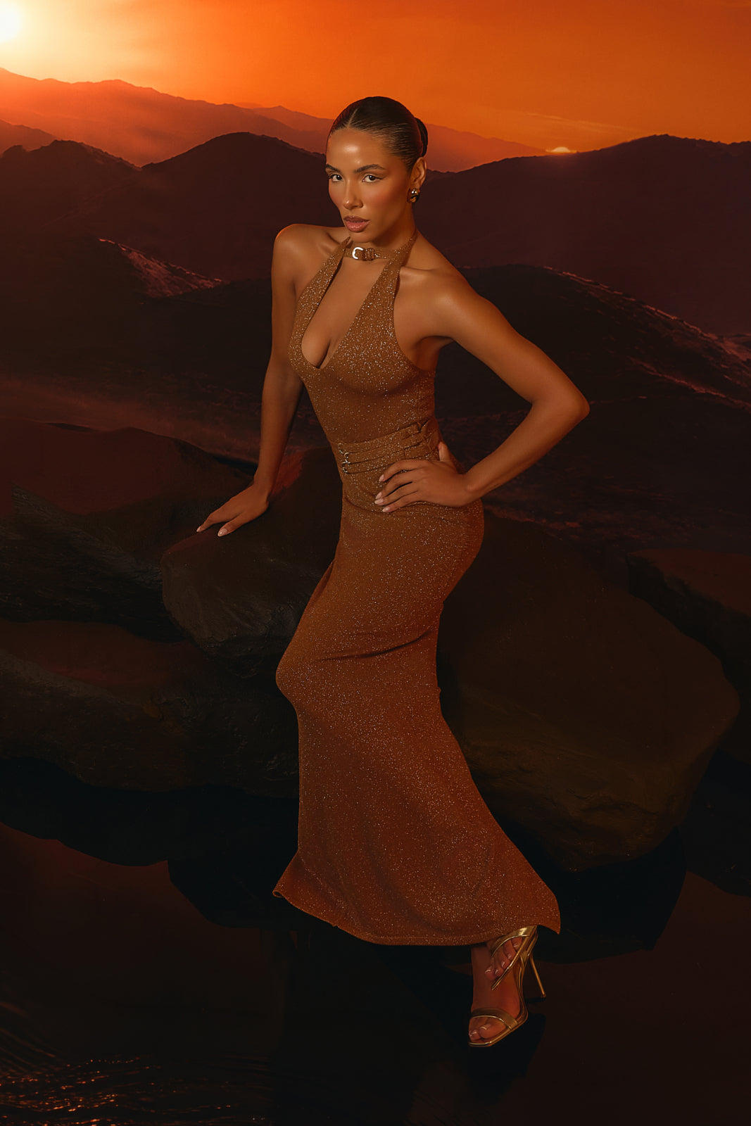 MADDY BELT DETAIL MAXI DRESS | BRONZE