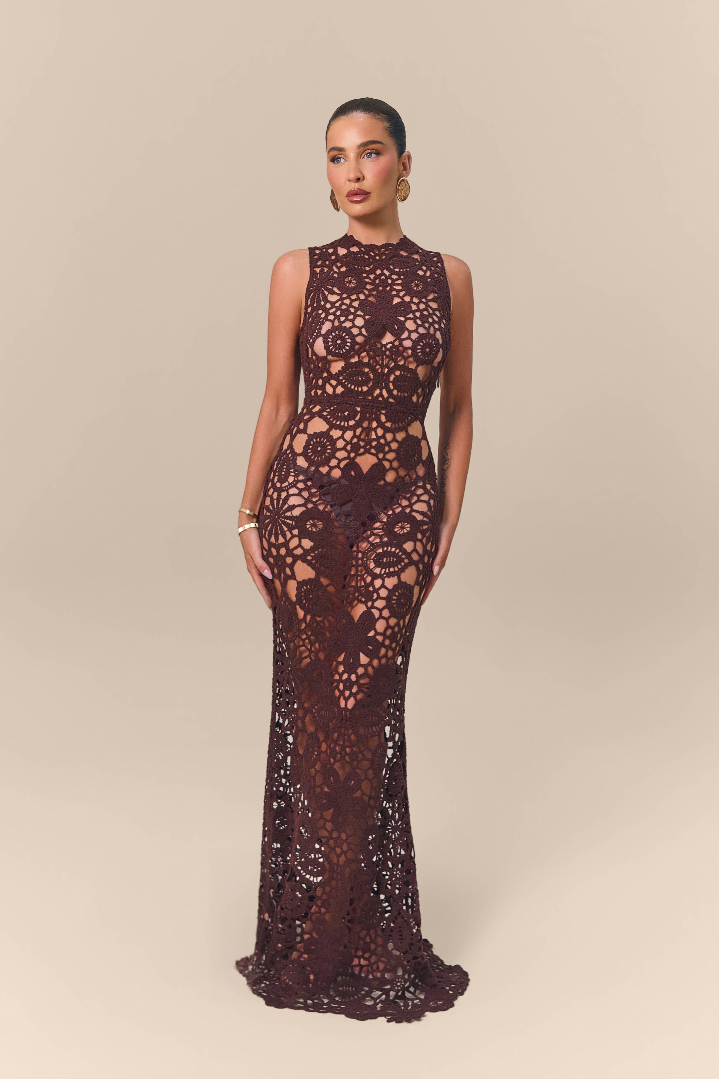 CAPRIA CROCHET HIGH NECK LACE MAXI DRESS | CHOCOLATE