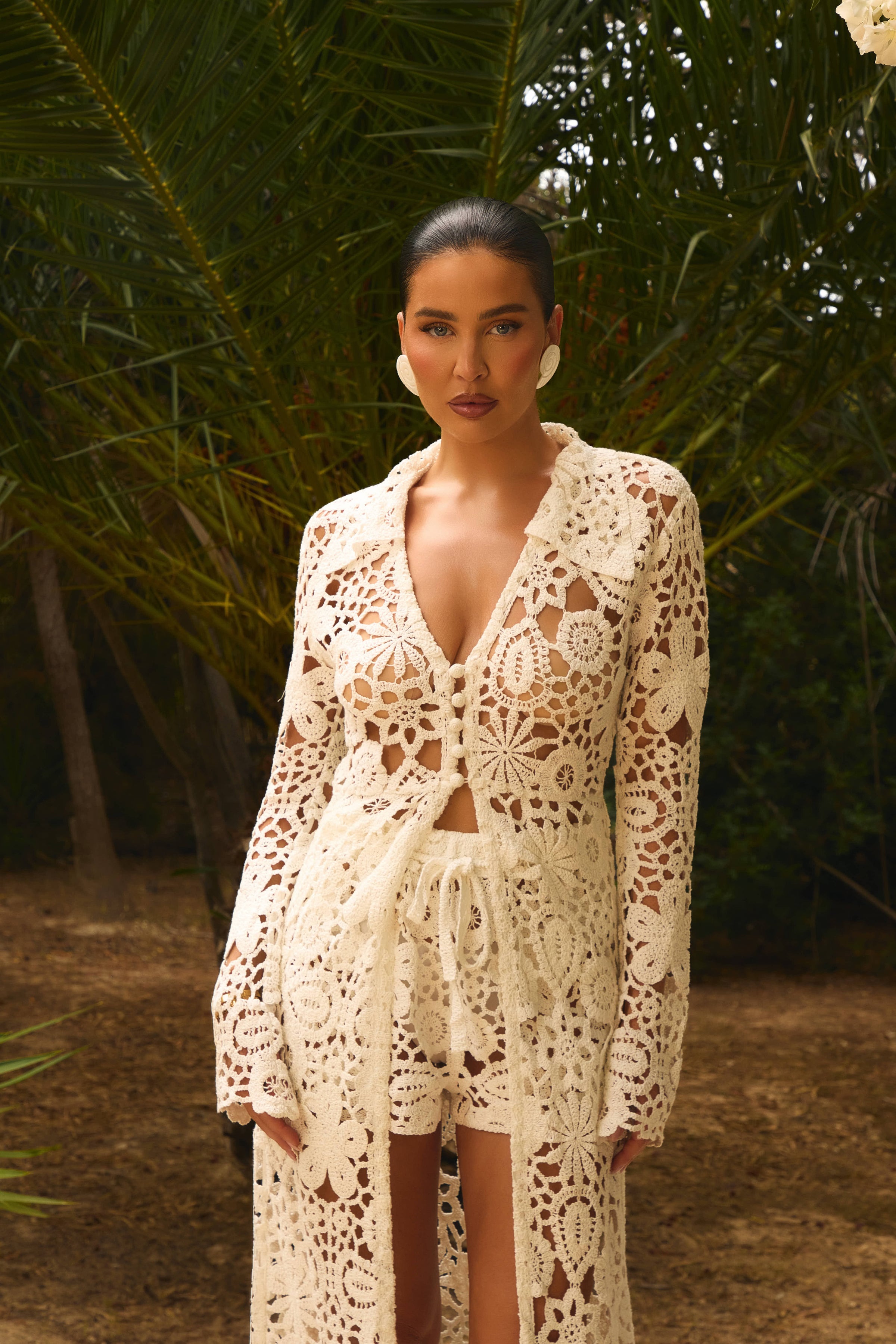 KAIYA CROCHET KNIT LONGLINE CARDIGAN | WHITE