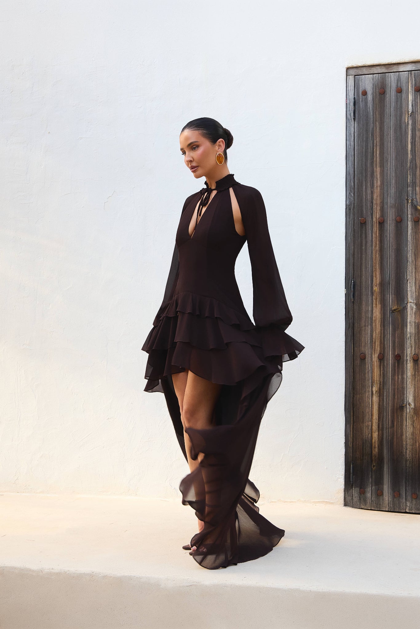 FLEUR LONG SLEEVE TIERED RUFFLE MINI DRESS | CHOCOLATE