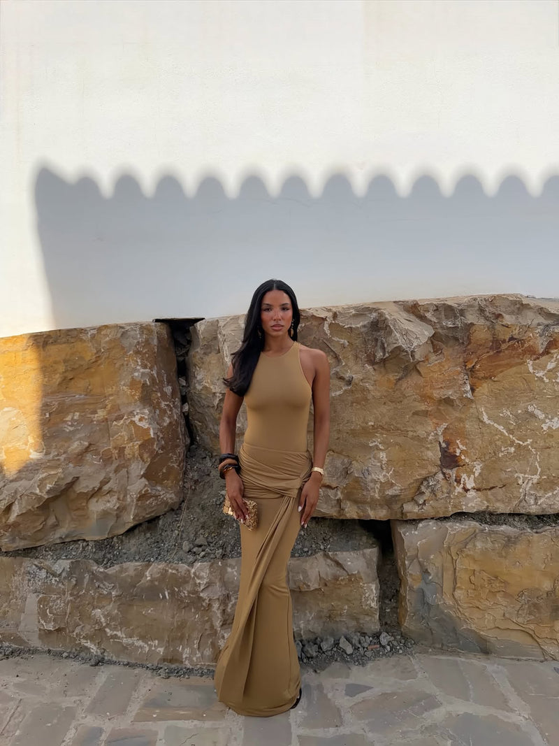 BELLA HIGH WAISTED MAXI SKIRT WITH WRAP SASH | GOLDEN BROWN