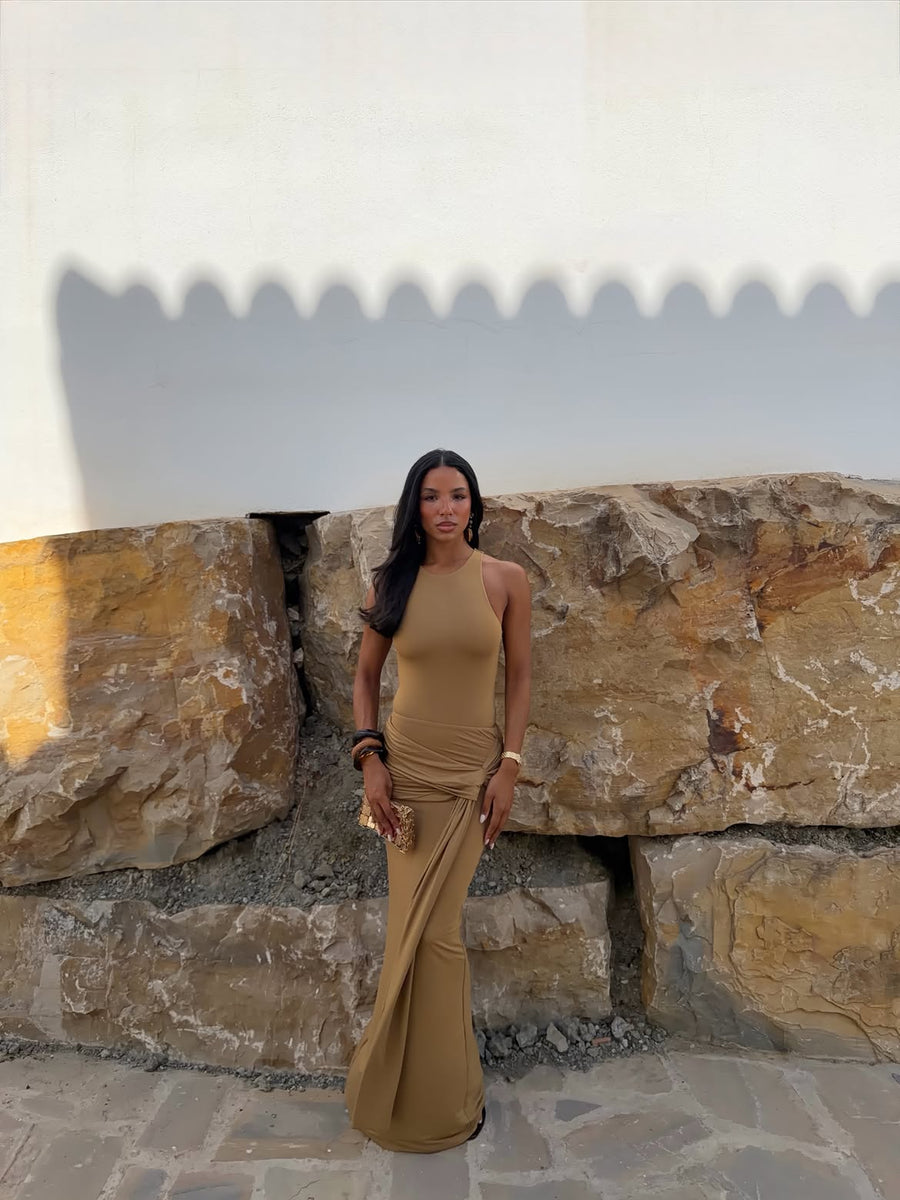 BELLA HIGH WAISTED MAXI SKIRT WITH WRAP SASH | GOLDEN BROWN