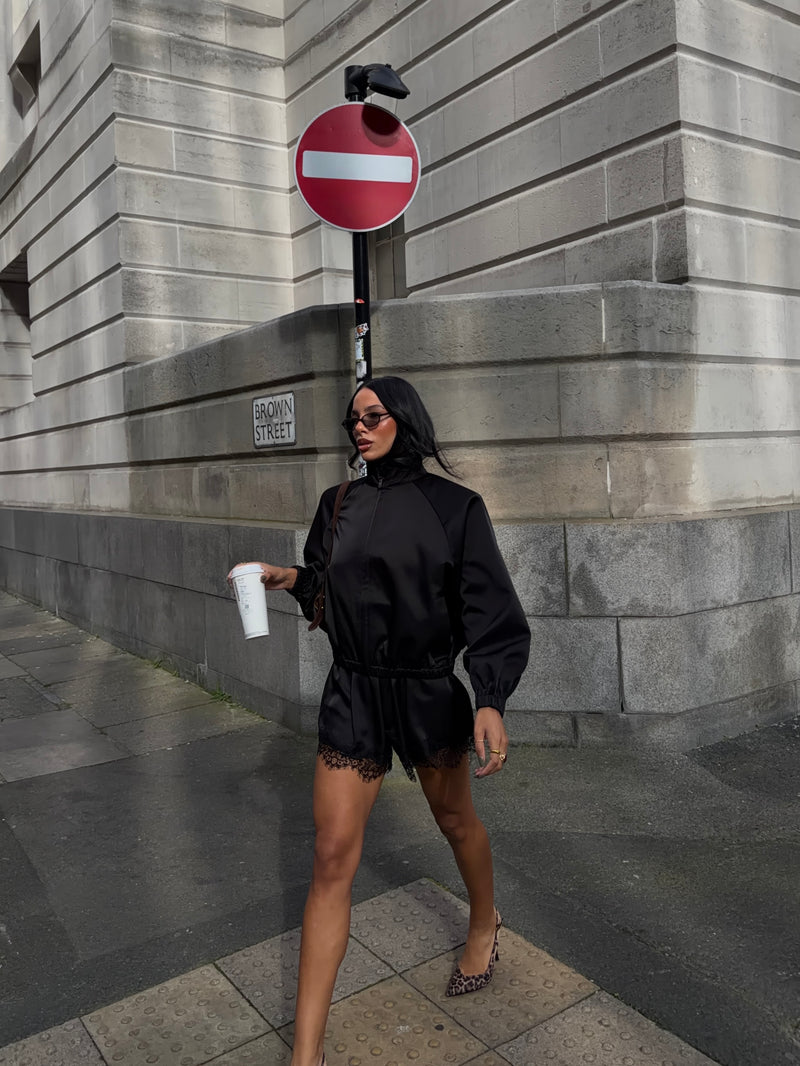 ROUX OVERSIZED SATIN BOMBER JACKET | BLACK