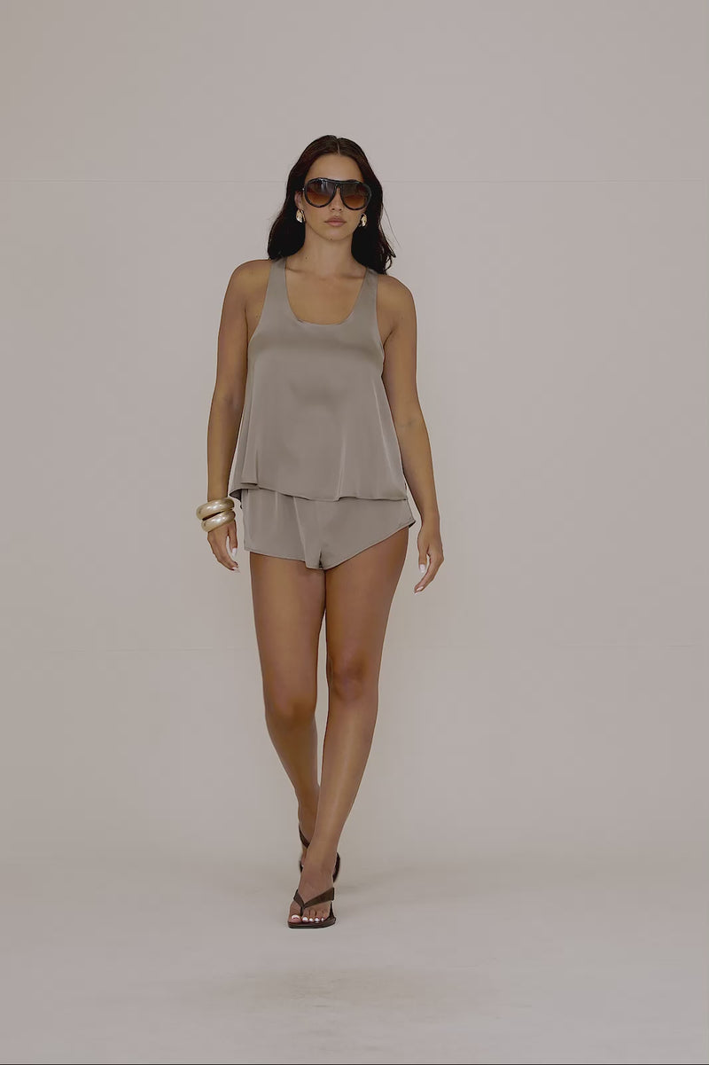 LENI SATIN ELASTIC WAIST SHORTS | TAUPE