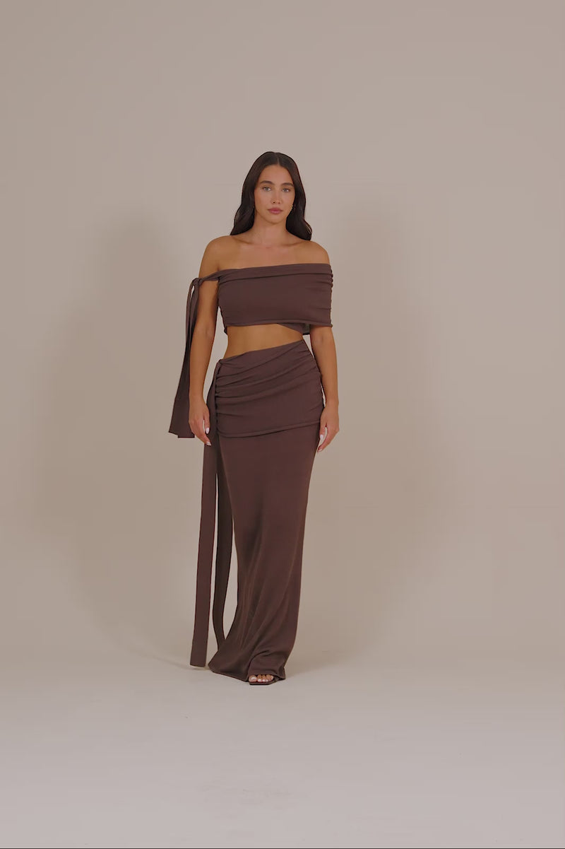 LOIS KNITTED MAXI SKIRT WITH DRAPE DETAIL | CHOCOLATE