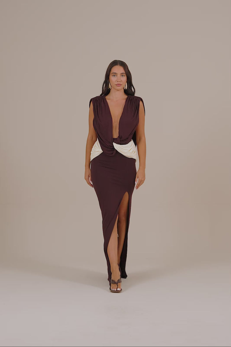 ELYSIA DRAPED GODDESS MAXI DRESS | CHOCOLATE