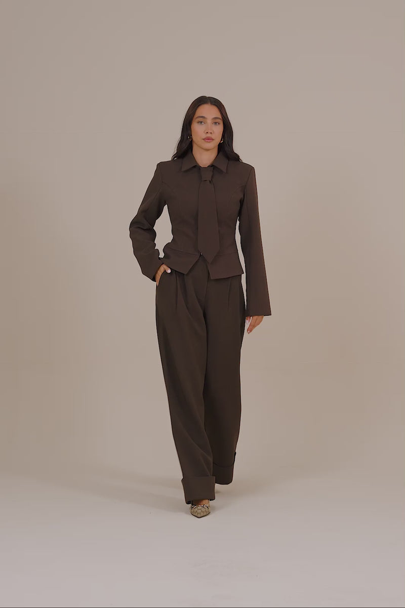 GABRIELLA ZIP UP TAILORED JACKET | CHOCOLATE