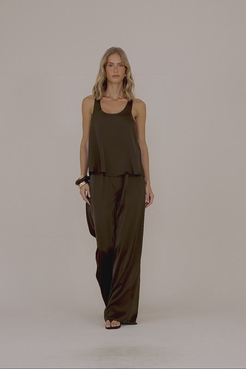 LENI SATIN ELASTIC WAIST TROUSERS | CHOCOLATE
